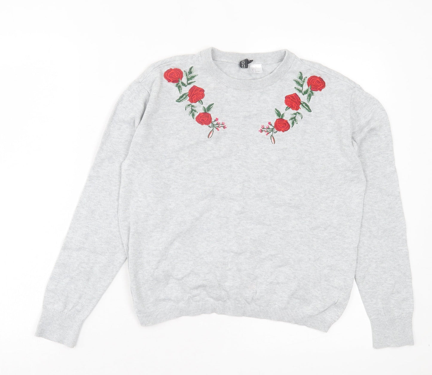 H&M Womens Grey Crew Neck Floral Cotton Pullover Jumper Size S