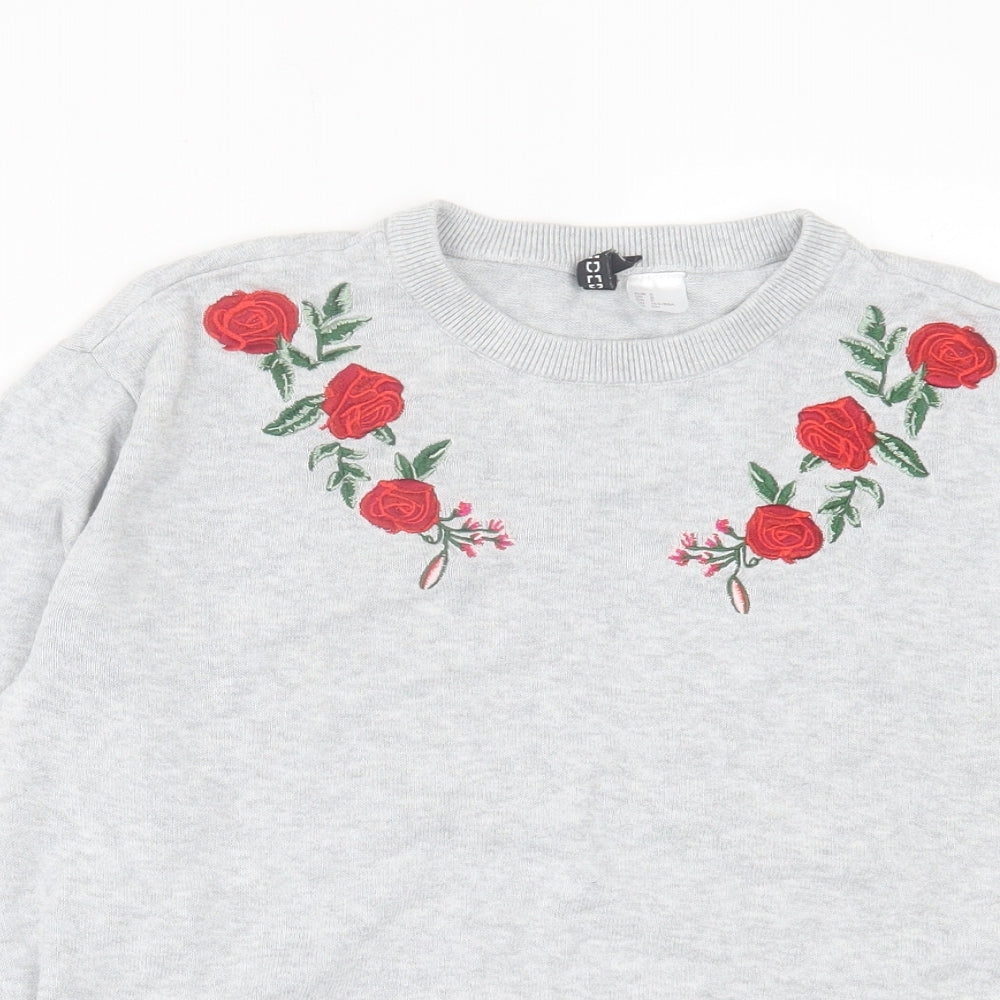 H&M Womens Grey Crew Neck Floral Cotton Pullover Jumper Size S