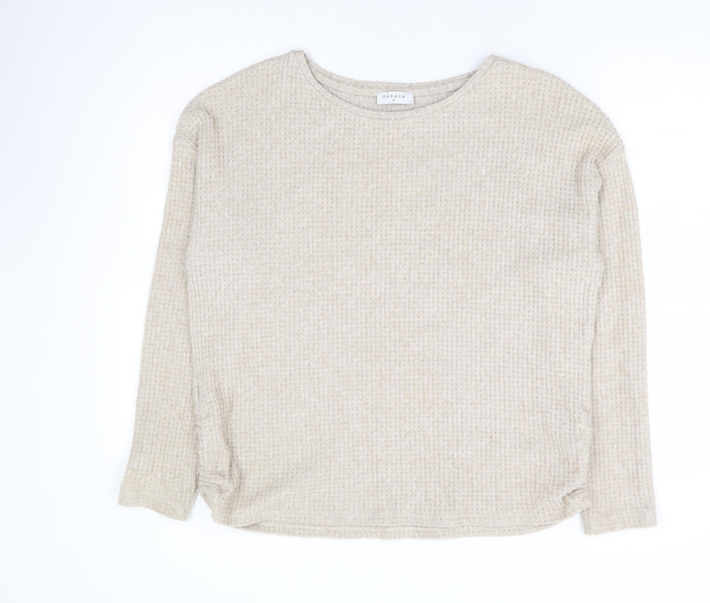 Papaya Womens Beige Round Neck Polyester Pullover Jumper Size M - Ruched Sides