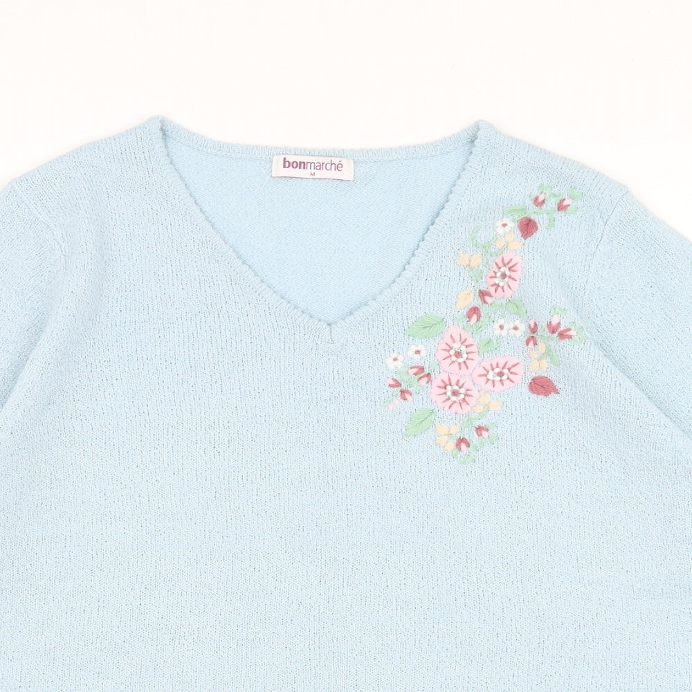 Bonmarché Womens Blue V-Neck Acrylic Pullover Jumper Size M - Flower