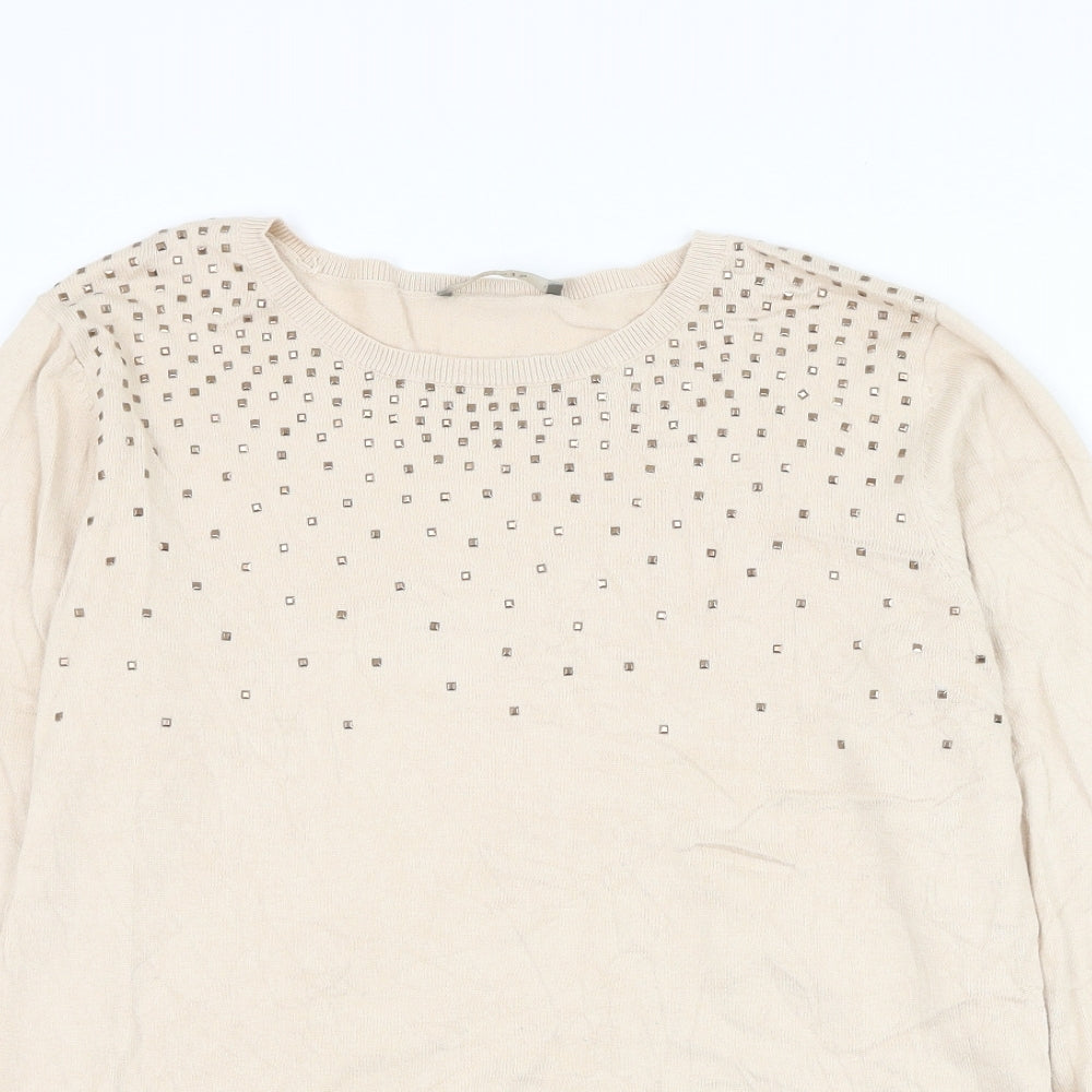 Oasis Womens Beige Round Neck Cotton Pullover Jumper Size L