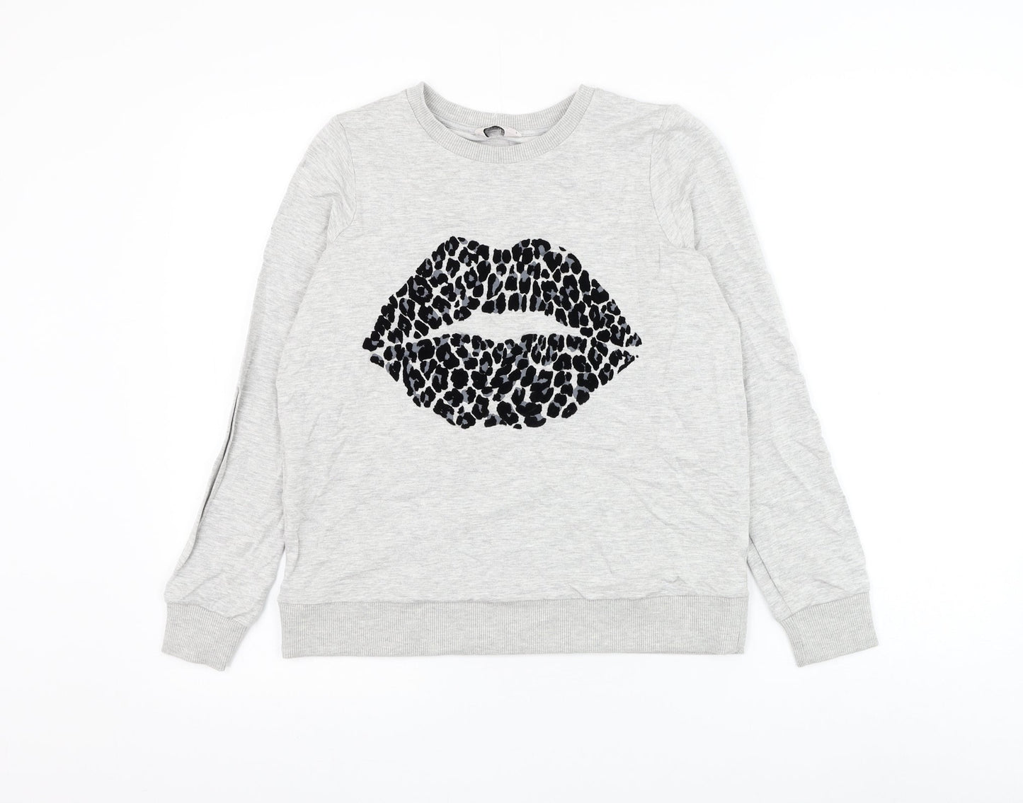TU Womens Grey Cotton Pullover Sweatshirt Size 8 Pullover - Leopard Print Lips