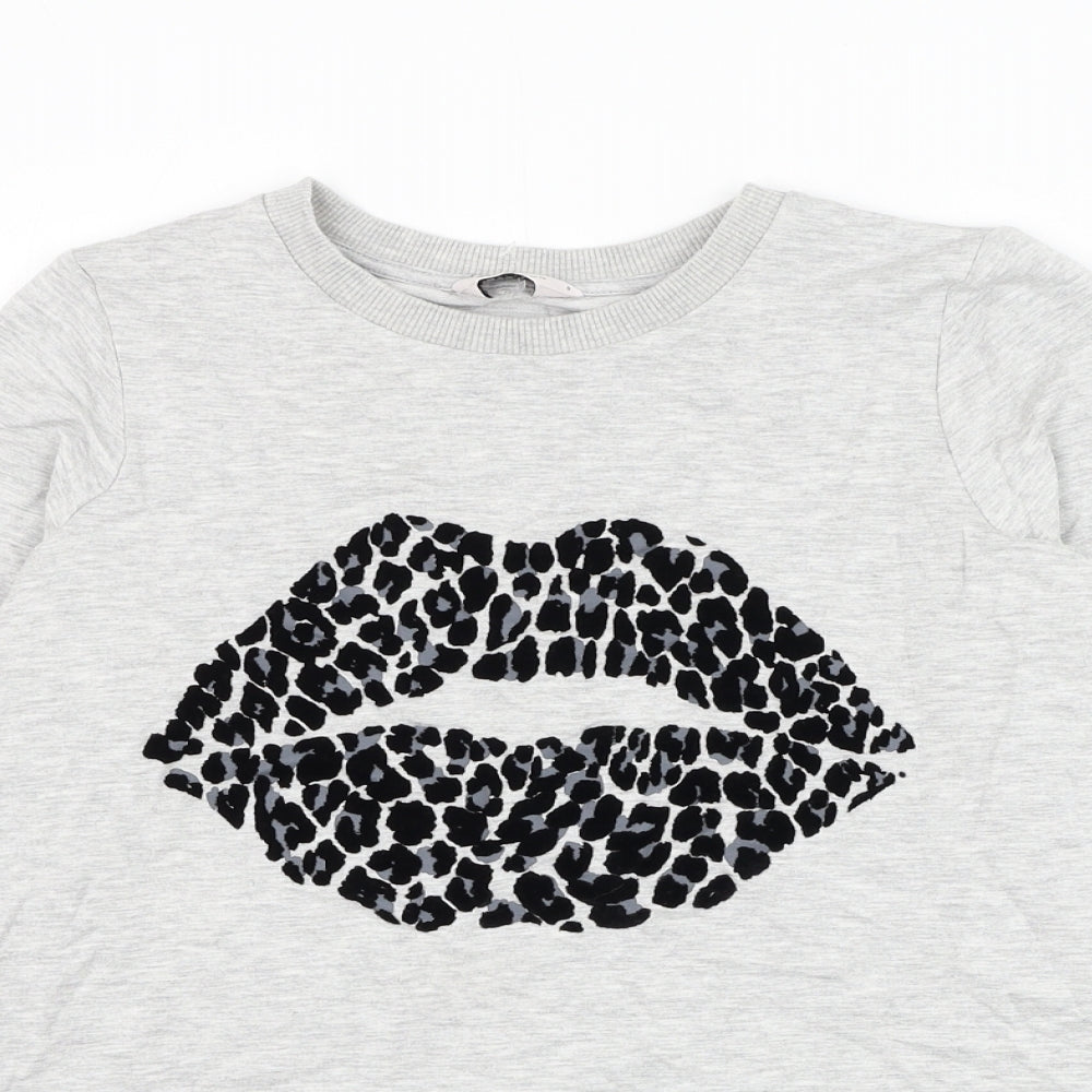 TU Womens Grey Cotton Pullover Sweatshirt Size 8 Pullover - Leopard Print Lips