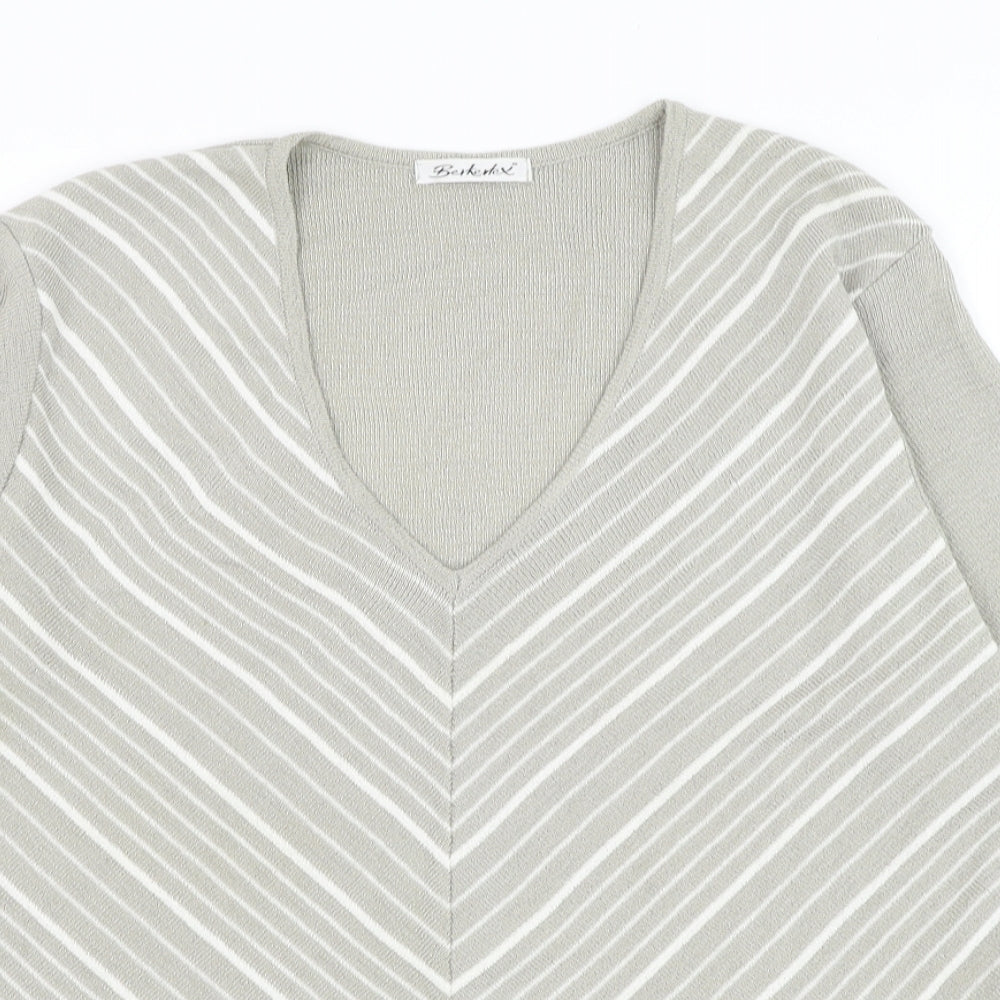 Berkertex Womens Grey V-Neck Striped Acrylic Pullover Jumper Size 14