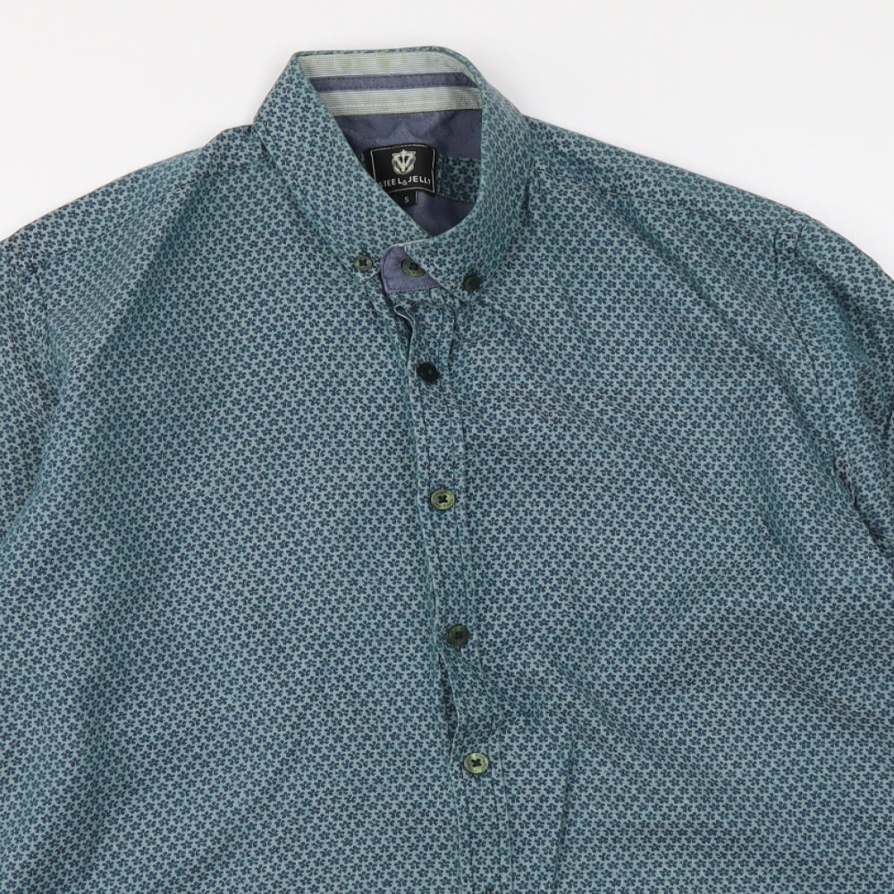 Stell & Jelly Mens Blue Geometric Cotton Button-Up Size S Collared Button