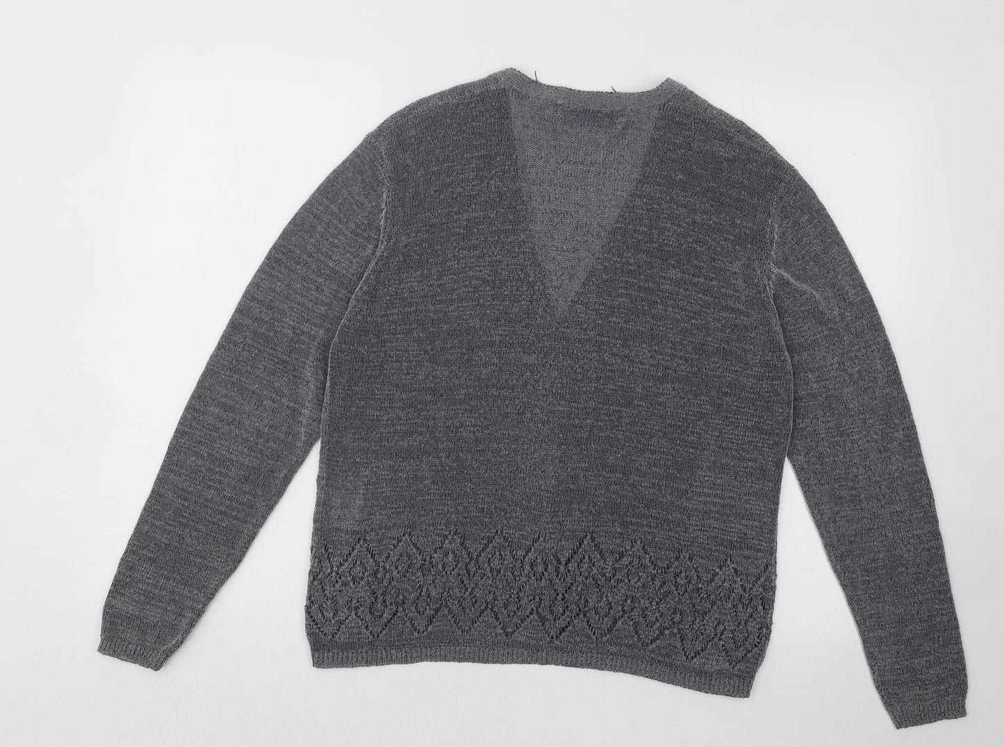 Compliments Womens Grey V-Neck Geometric Polyester Cardigan Jumper Size 14