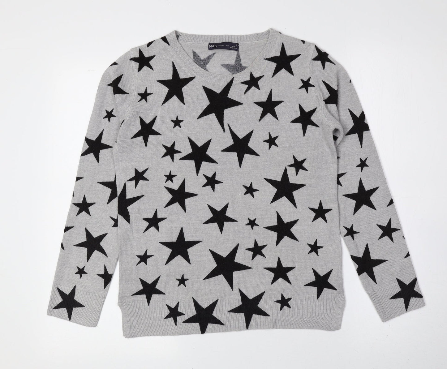 Marks and Spencer Womens Grey Crew Neck Geometric Acrylic Pullover Jumper Size 8 - Stars