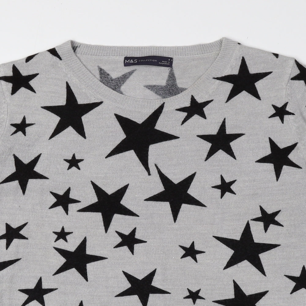 Marks and Spencer Womens Grey Crew Neck Geometric Acrylic Pullover Jumper Size 8 - Stars