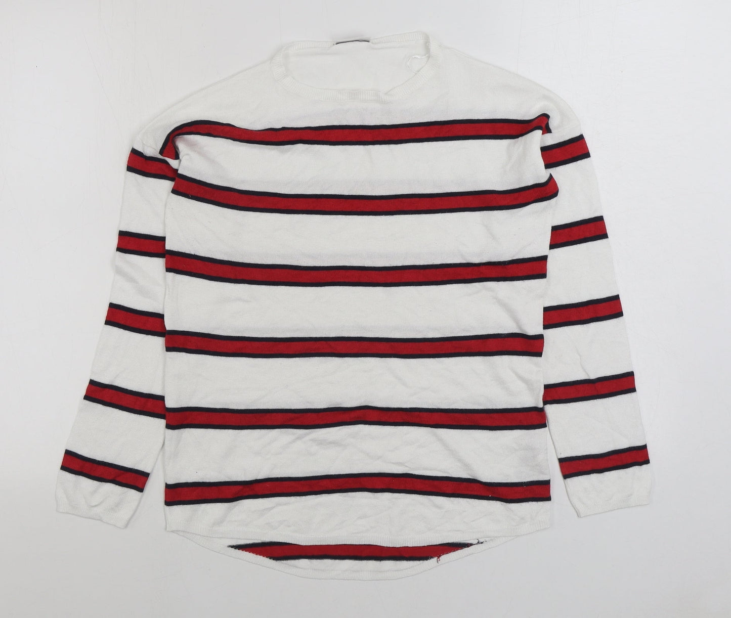 Beloved Womens White Round Neck Striped Viscose Pullover Jumper Size S