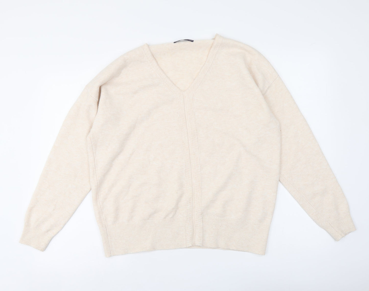 Marks and Spencer Womens Beige V-Neck Acrylic Henley Jumper Size 12