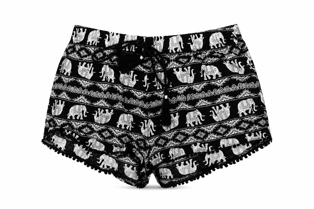 Primark Womens Black Geometric Viscose Hot Pants Shorts Size 6 Regular Drawstring