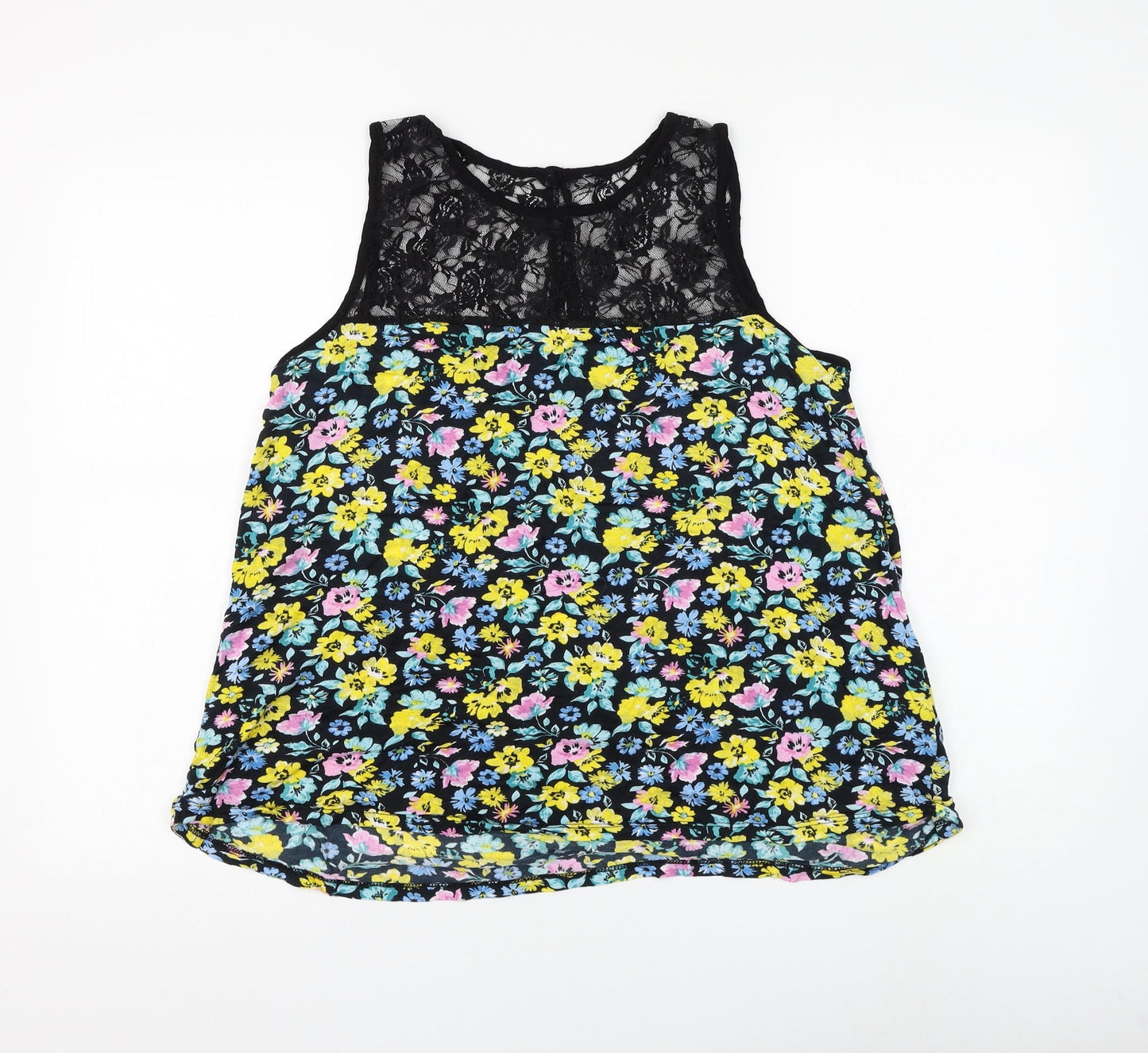 Preworn Womens Black Floral Polyester Basic Blouse Size M Round Neck - Lace Neckline