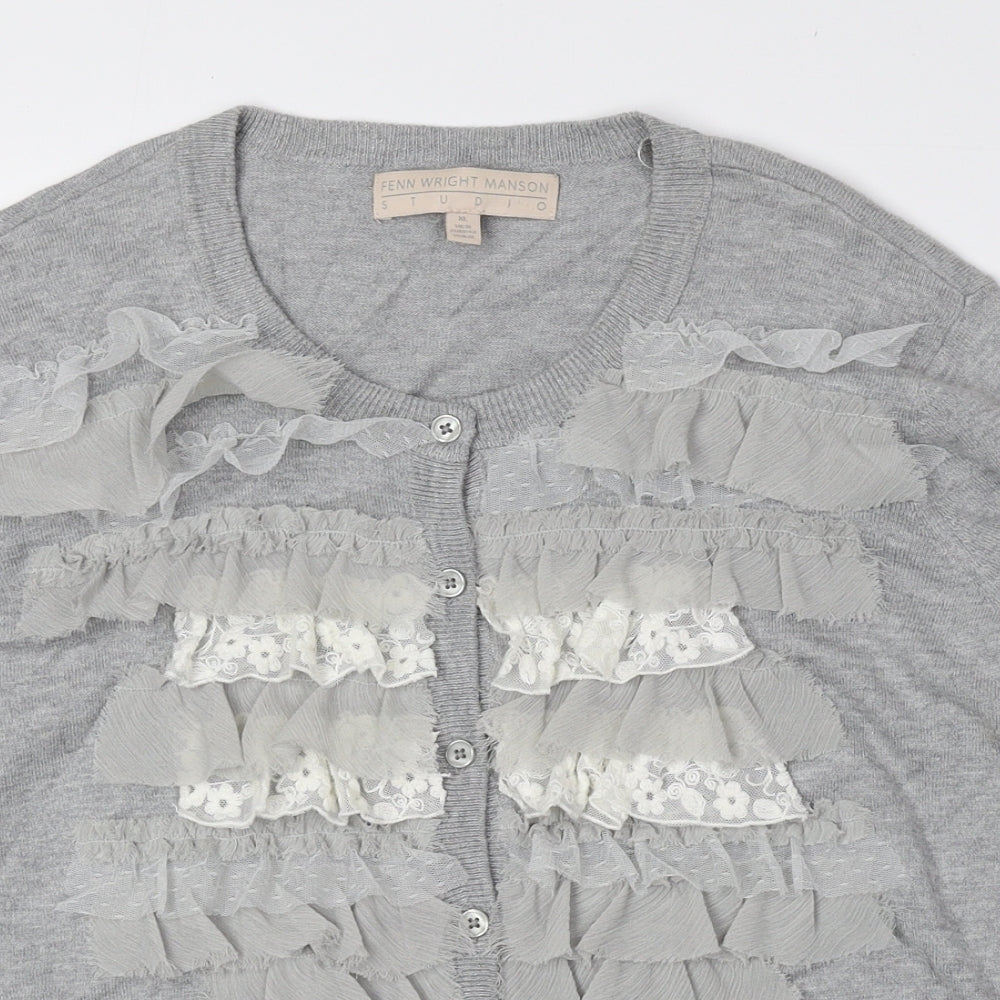 Fenn Wright Manson Womens Grey Scoop Neck Cotton Cardigan Jumper Size XL - Frill Detail