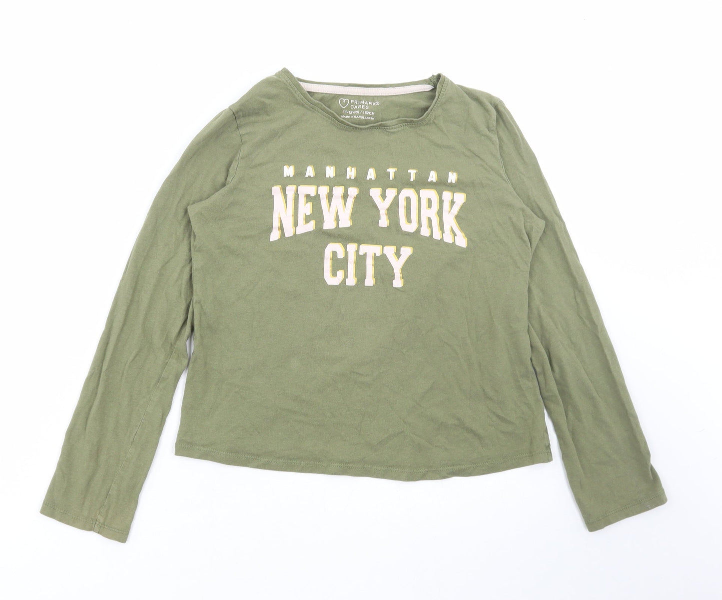 Primark Girls Green Cotton Basic T-Shirt Size 11-12 Years Round Neck Pullover - New York City