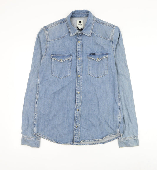 Garcia Mens Blue Cotton Button-Up Size S Collared Button