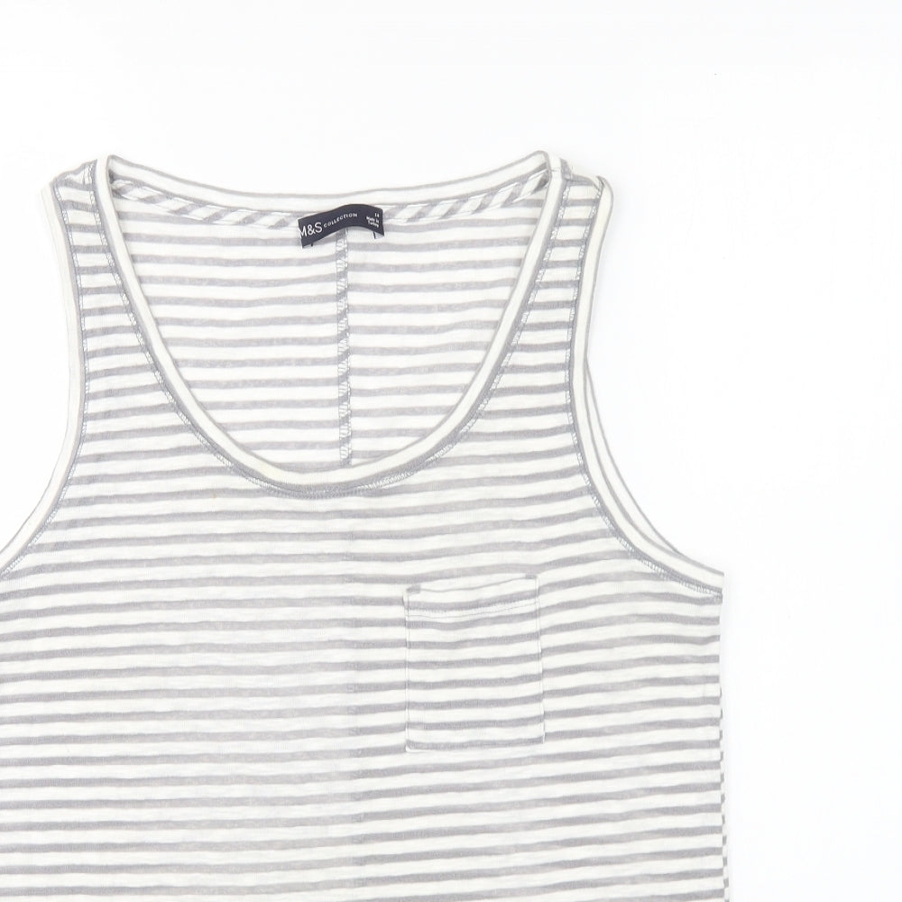Marks and Spencer Womens Grey Striped Cotton Basic Tank Size 14 Round Neck