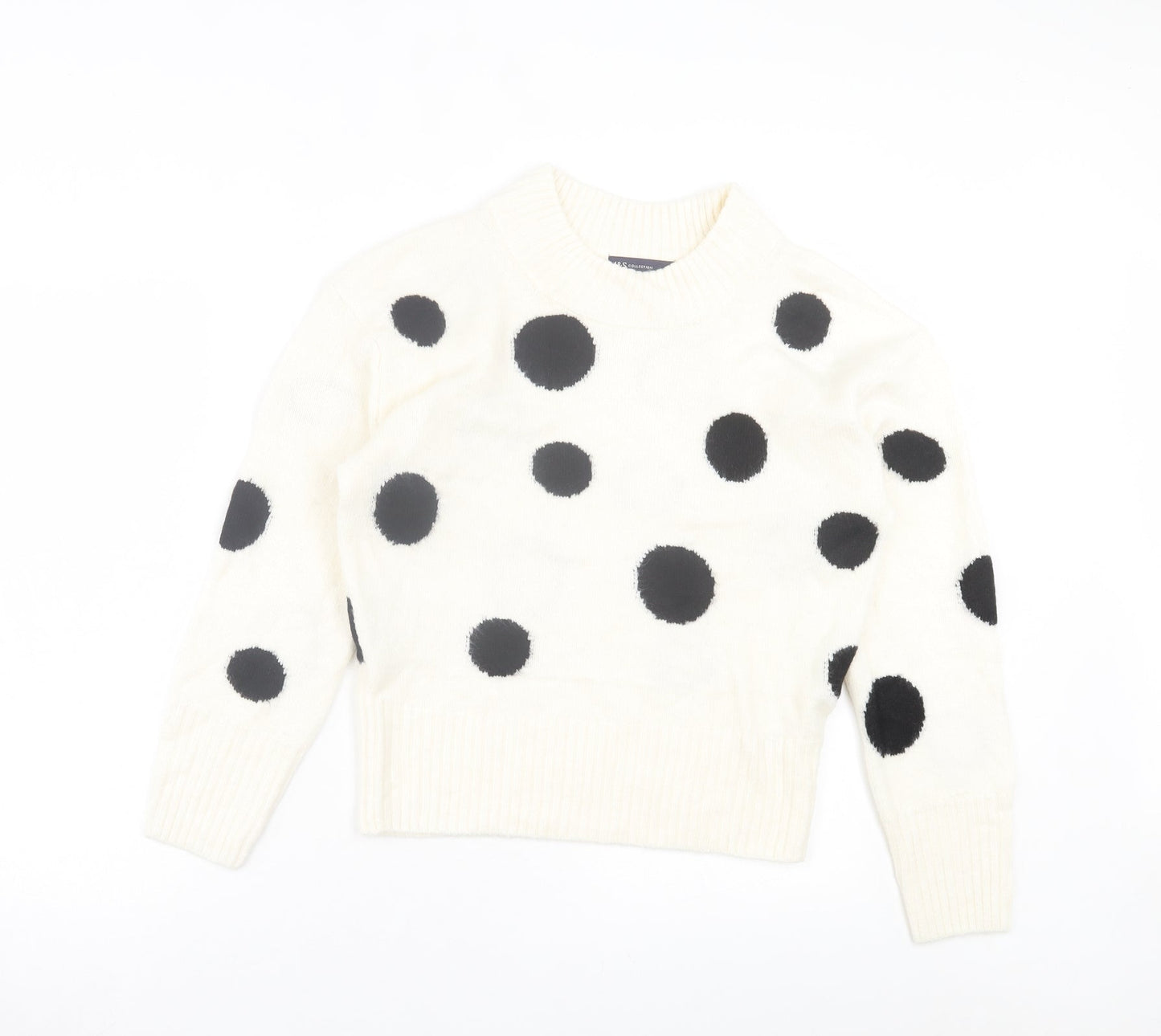 Marks and Spencer Womens White Round Neck Polka Dot Acrylic Pullover Jumper Size S