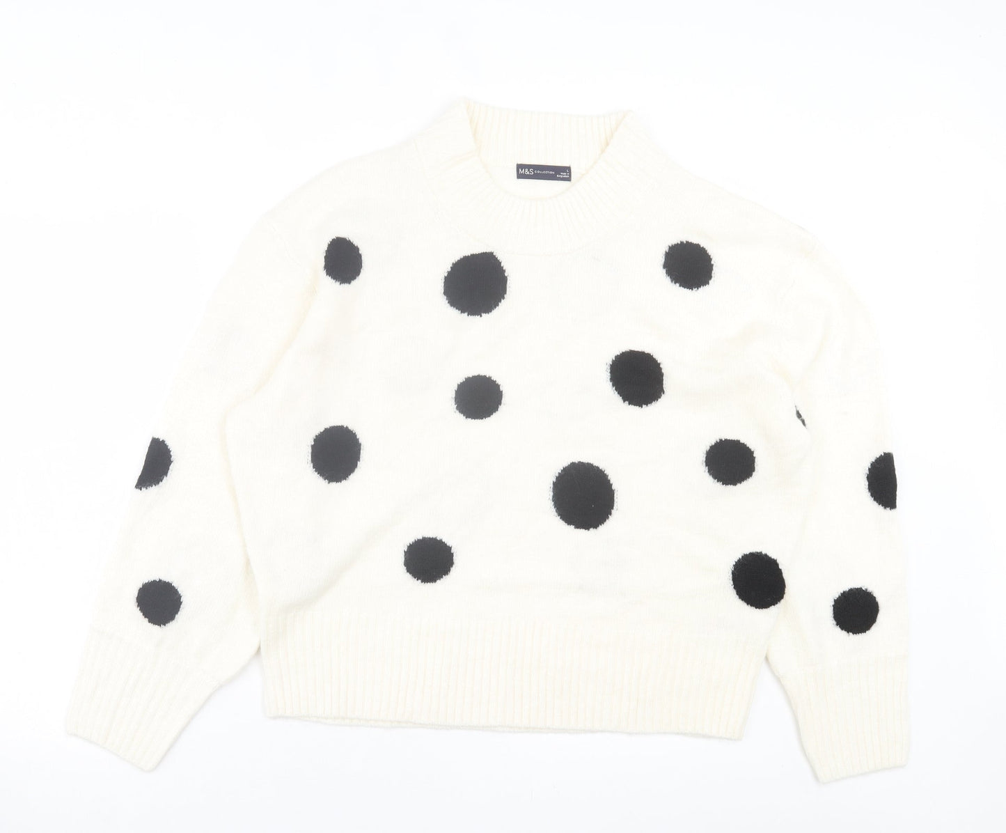 Marks and Spencer Womens White Crew Neck Polka Dot Acrylic Pullover Jumper Size L