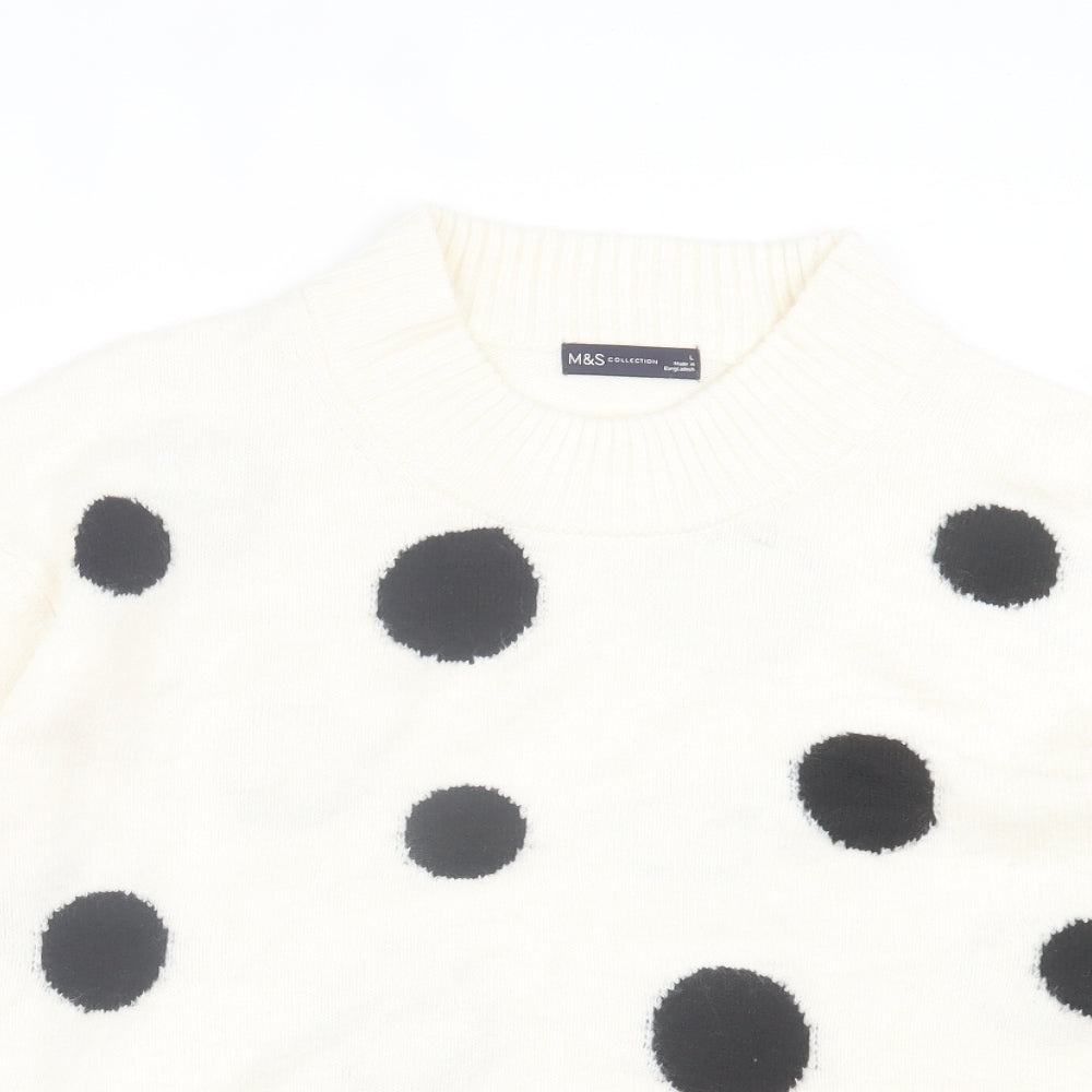 Marks and Spencer Womens White Crew Neck Polka Dot Acrylic Pullover Jumper Size L