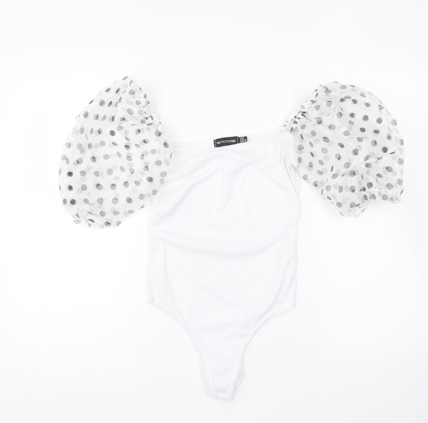 PRETTYLITTLETHING Womens White Polyester Bodysuit One-Piece Size 10 Snap - Mesh Sleeves.