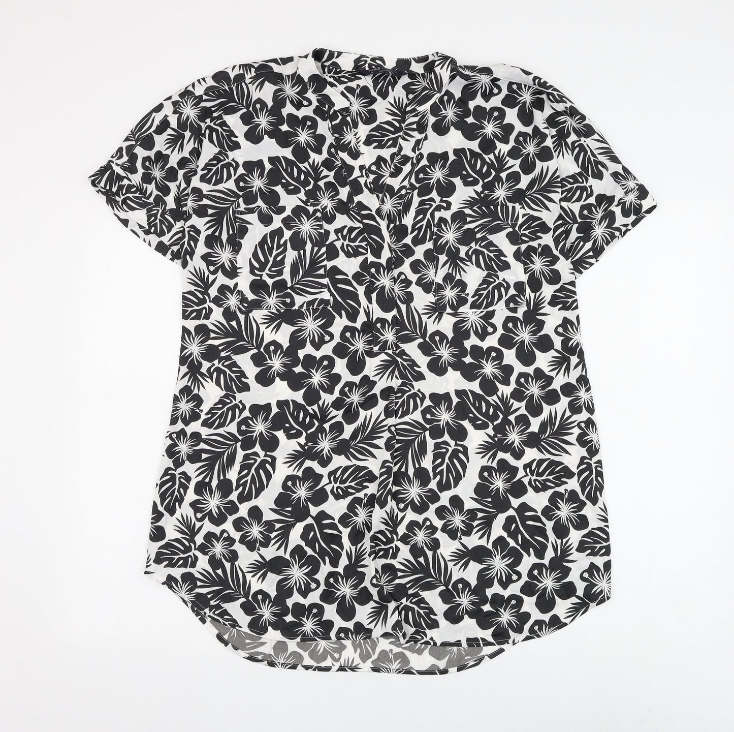 Marks and Spencer Womens White Floral Polyester Basic Blouse Size 10 V-Neck - Leaf Print