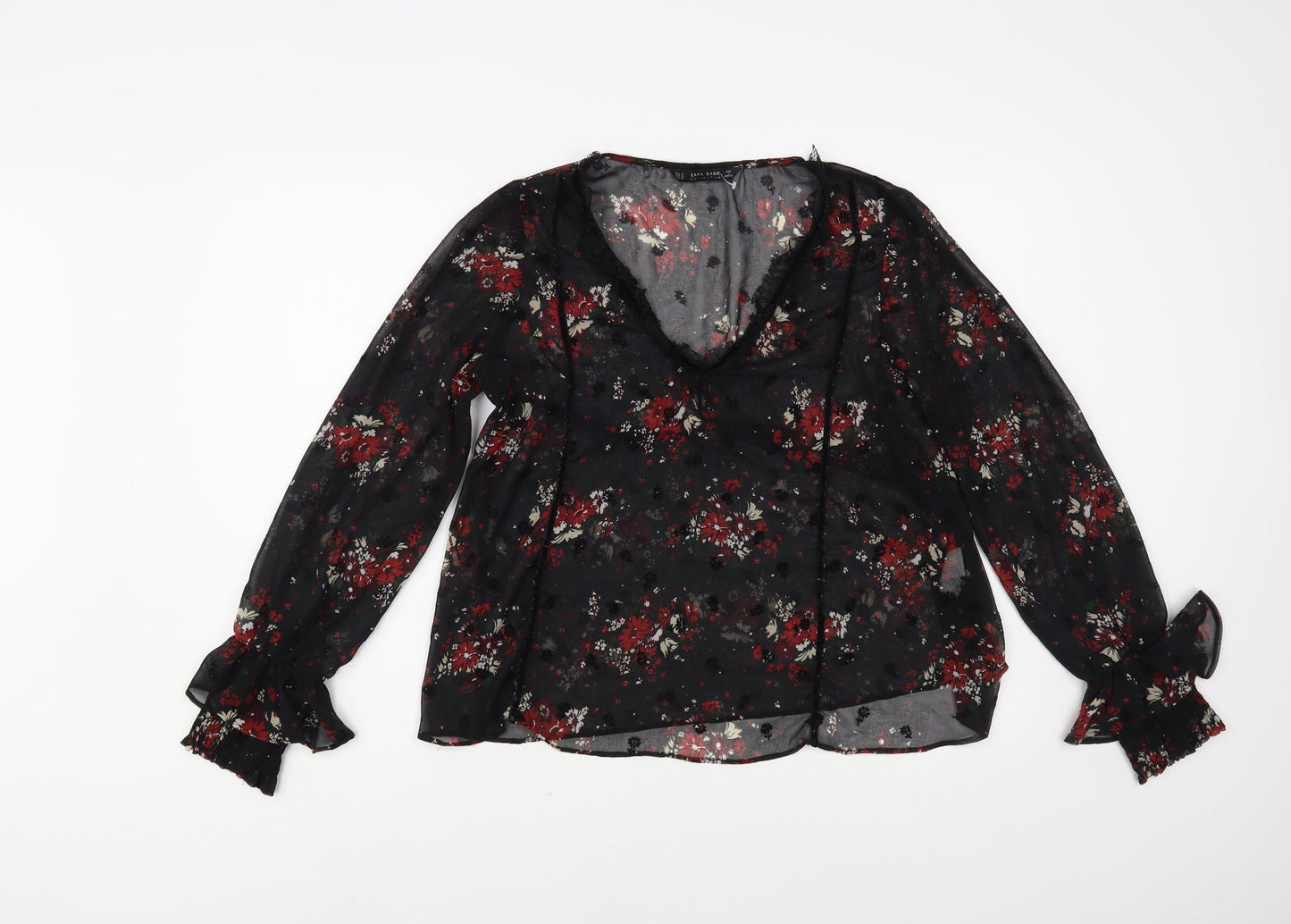 Zara Womens Black Floral Polyester Basic Blouse Size M V-Neck - Lace Detail