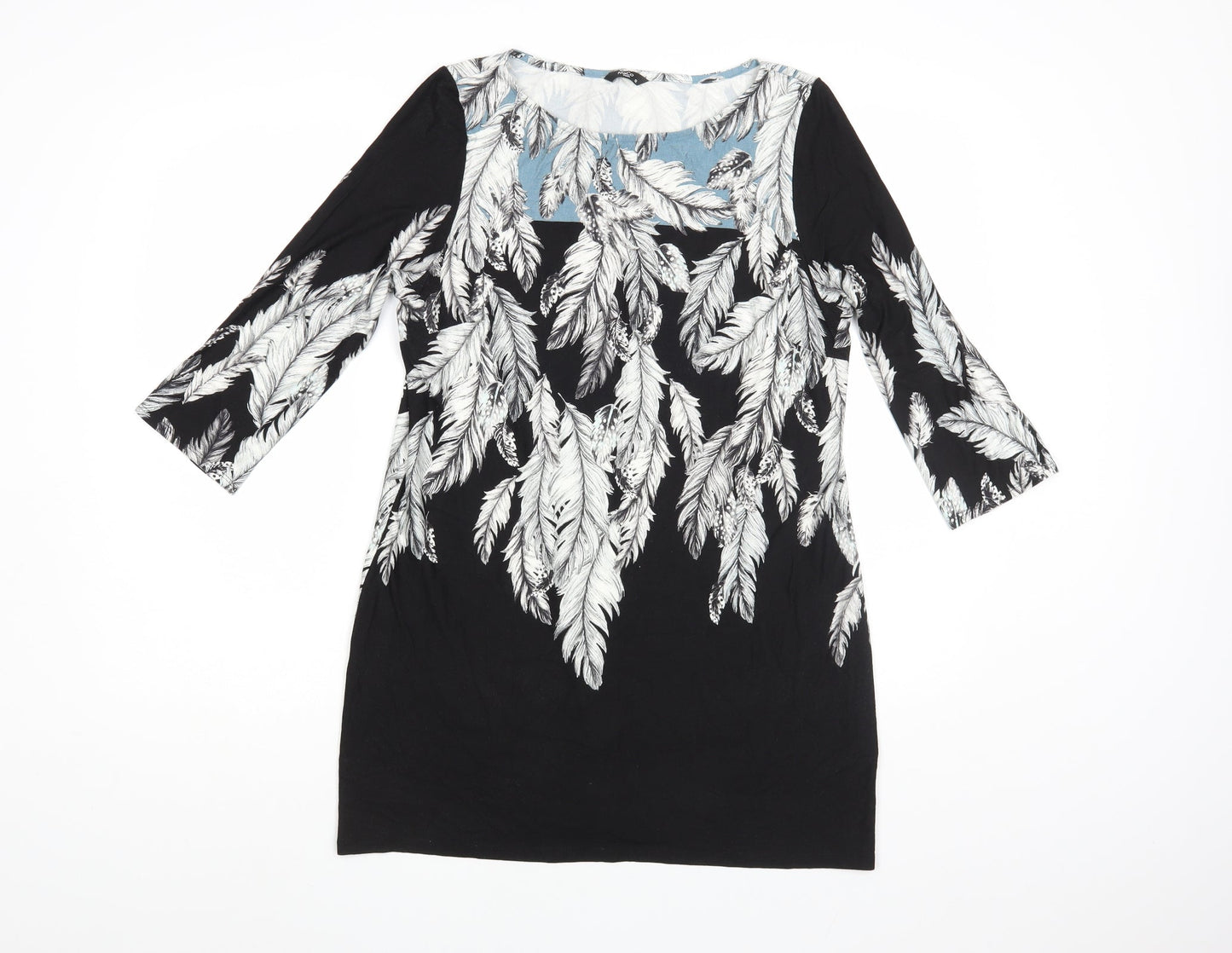 M&Co Womens Black Floral Viscose Tunic Blouse Size 12 Boat Neck