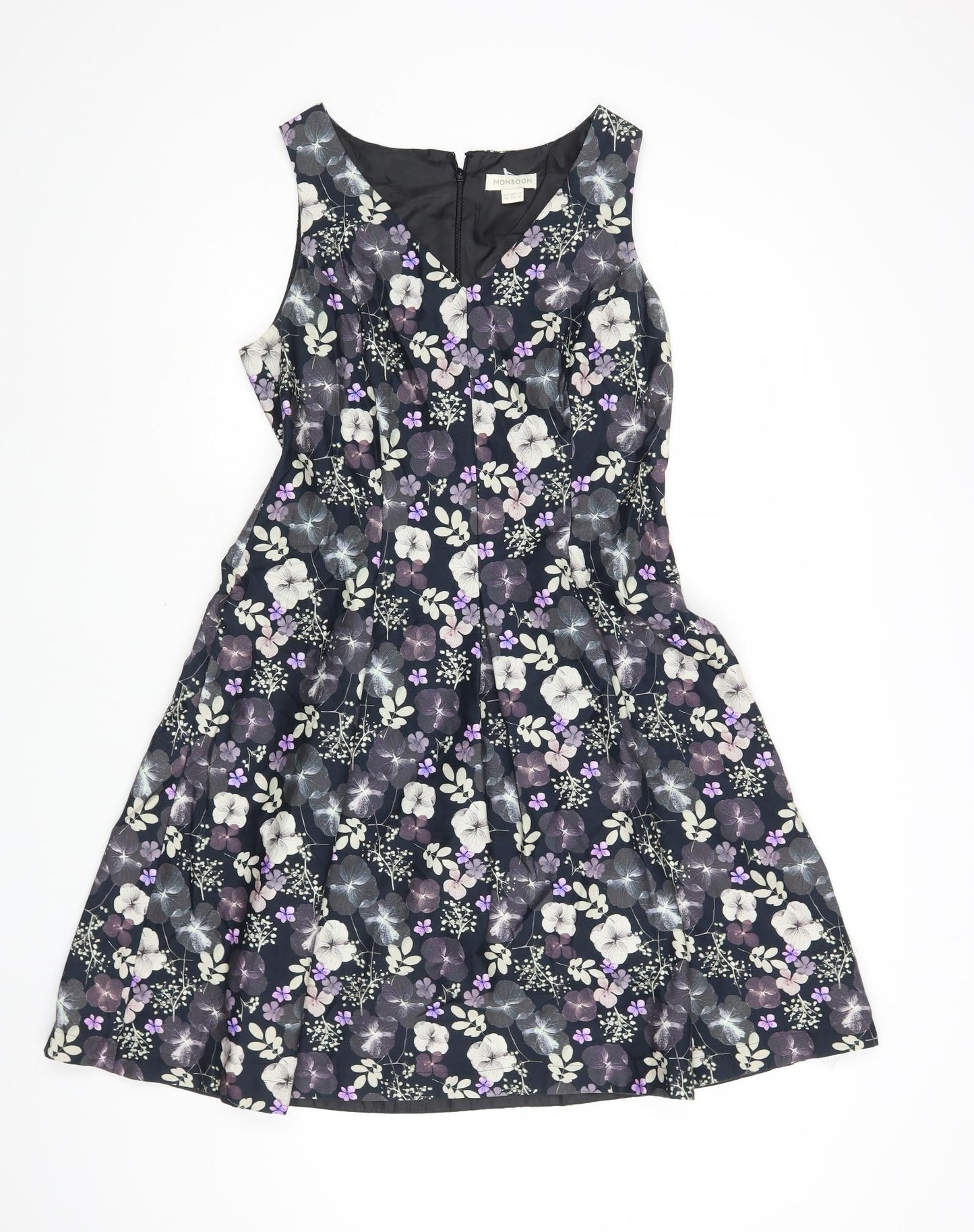 Monsoon Womens Black Floral Cotton Fit & Flare Size 12 V-Neck Zip