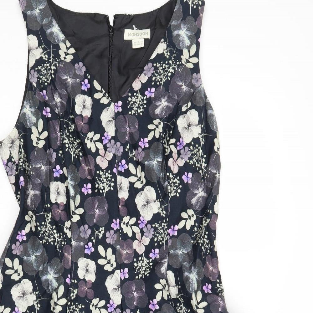 Monsoon Womens Black Floral Cotton Fit & Flare Size 12 V-Neck Zip