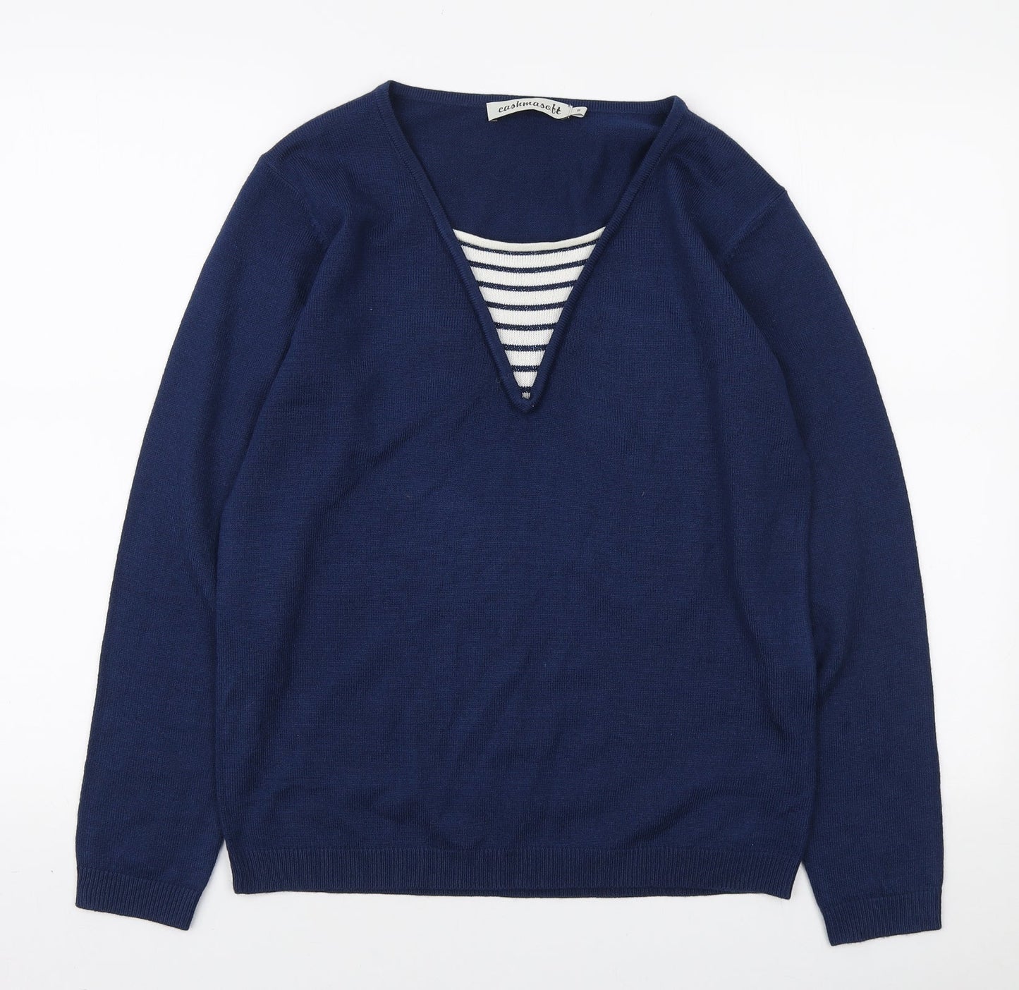 Cashmasoft Womens Blue V-Neck Acrylic Pullover Jumper Size S