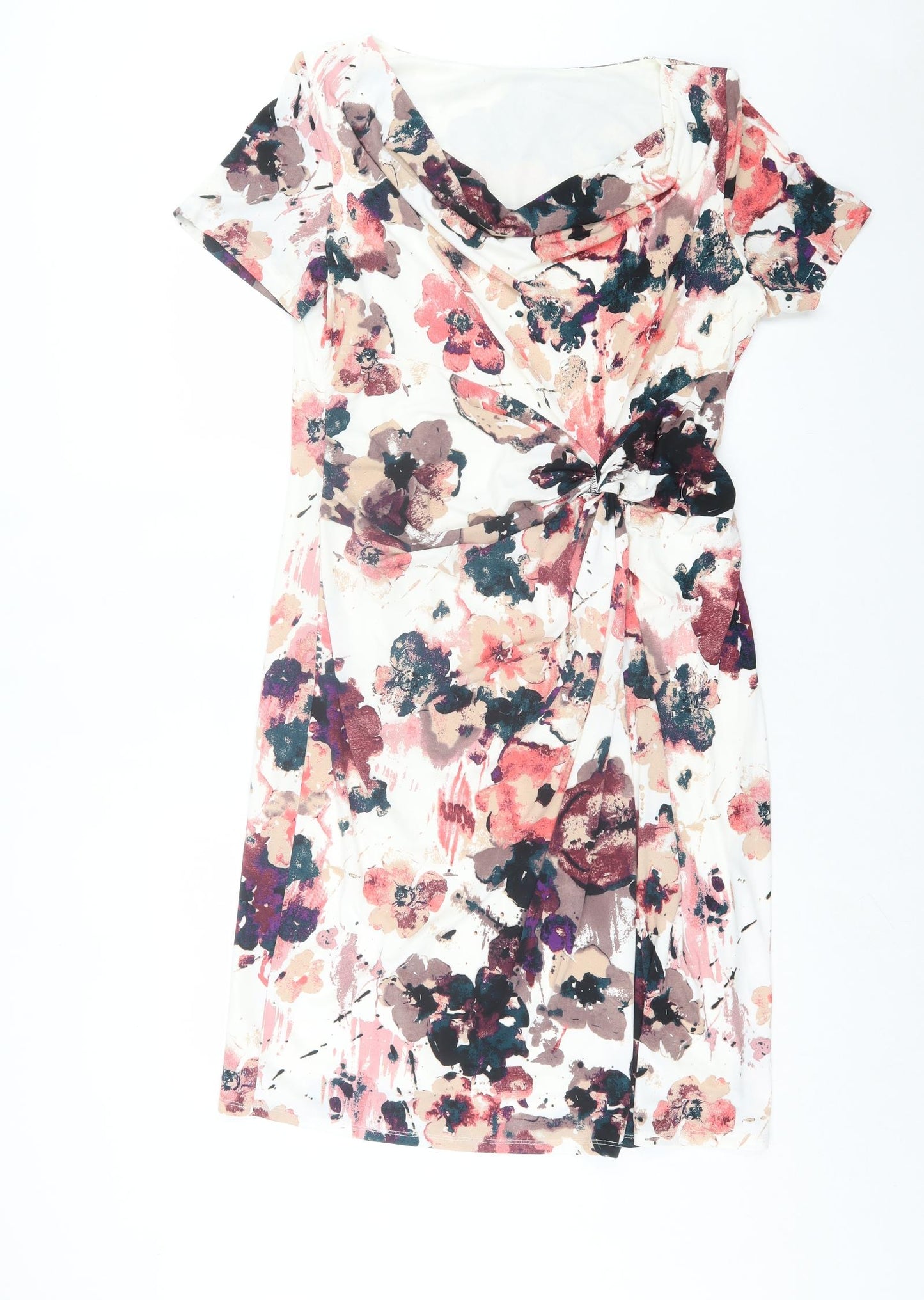 Marks and Spencer Womens Pink Floral Polyester A-Line Size 12 Cowl Neck Pullover - Twist Front