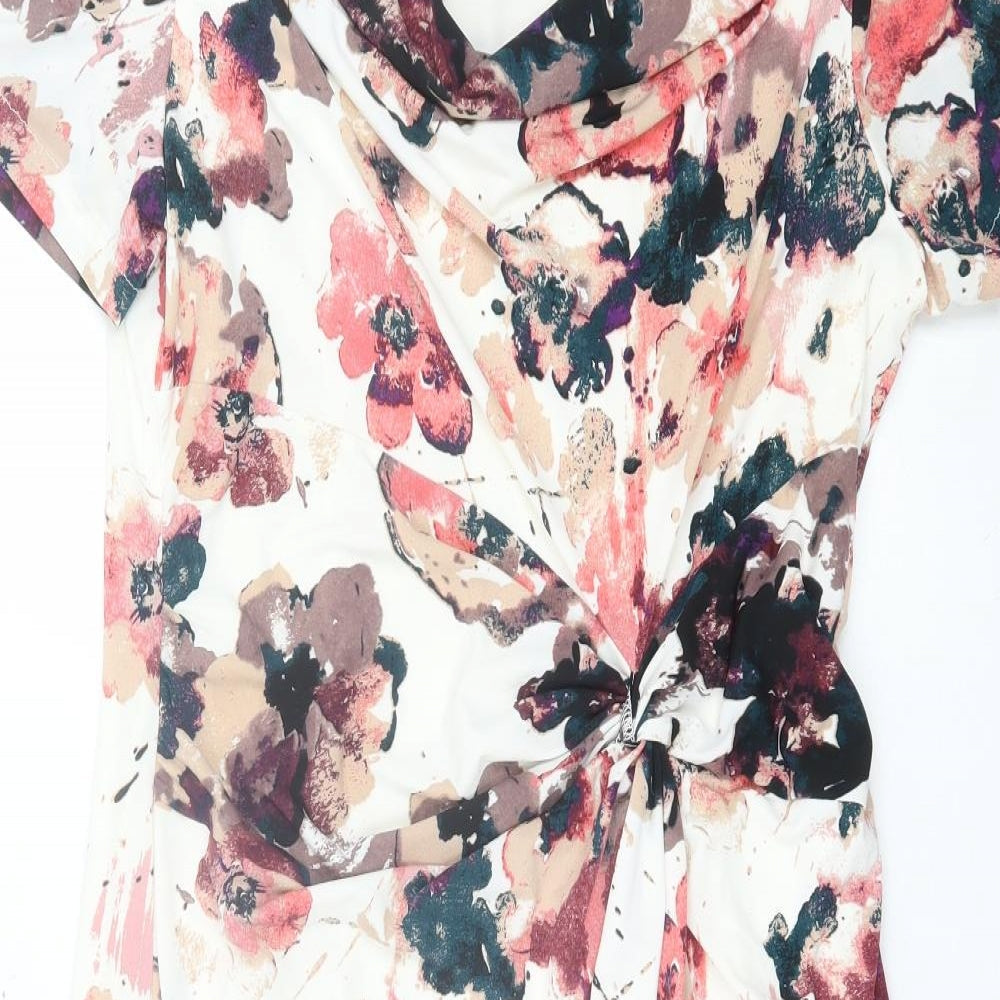 Marks and Spencer Womens Pink Floral Polyester A-Line Size 12 Cowl Neck Pullover - Twist Front