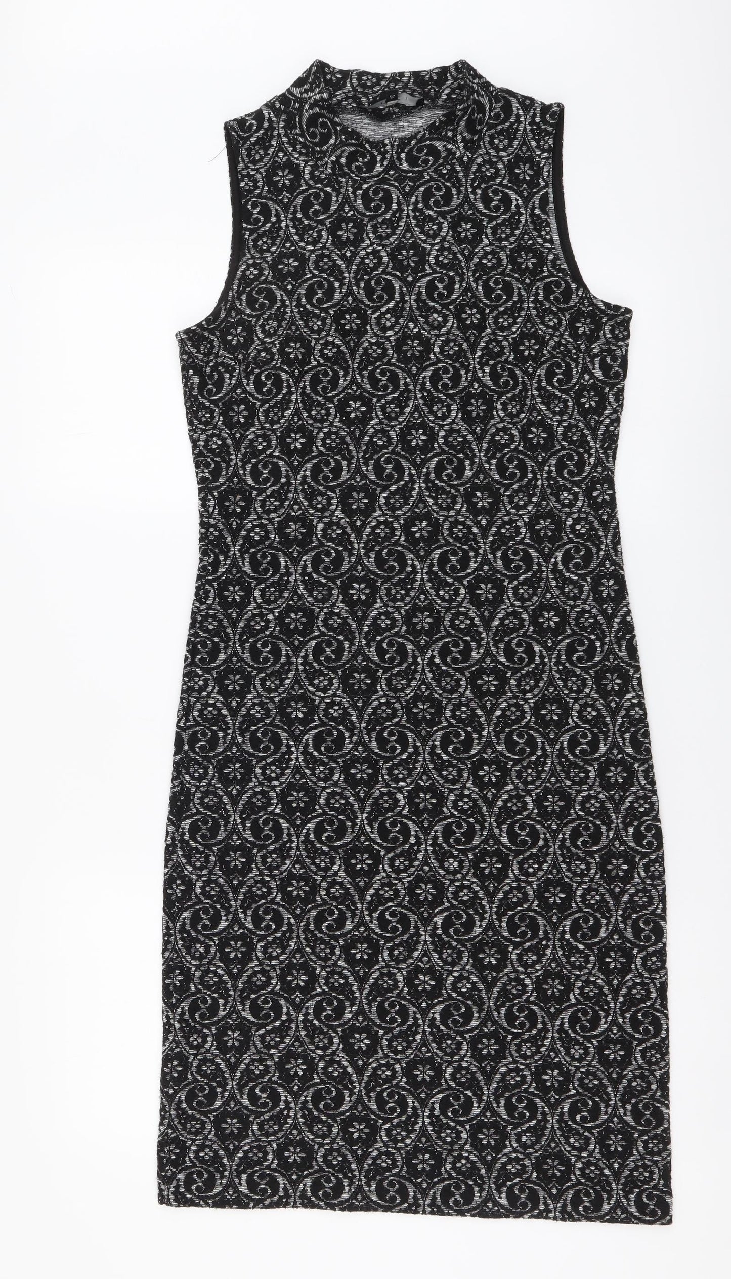NEXT Womens Black Geometric Polyester Bodycon Size 8 Mock Neck Pullover