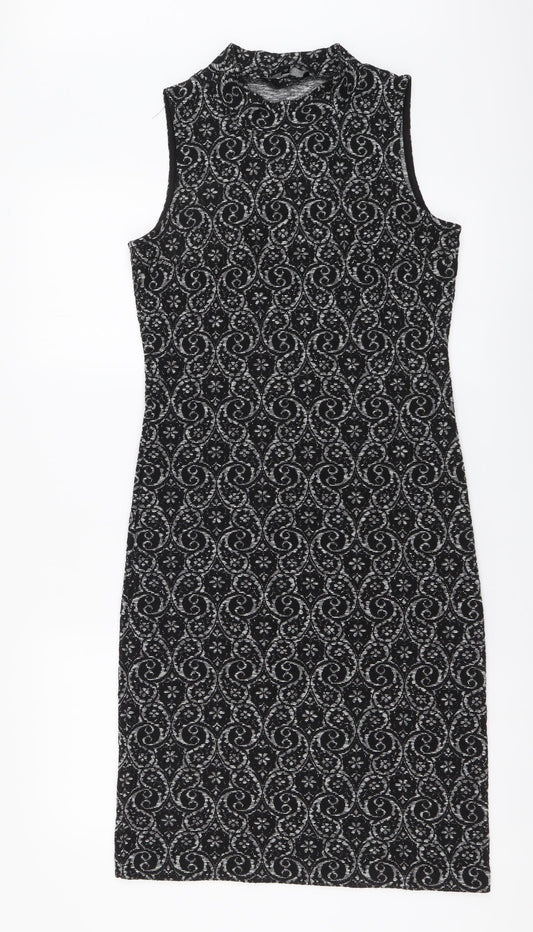 NEXT Womens Black Geometric Polyester Bodycon Size 8 Mock Neck Pullover