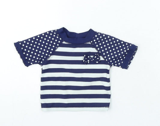 Preworn Girls Blue Striped Nylon Basic T-Shirt Size 3-6 Months Crew Neck Pullover - Swim Top