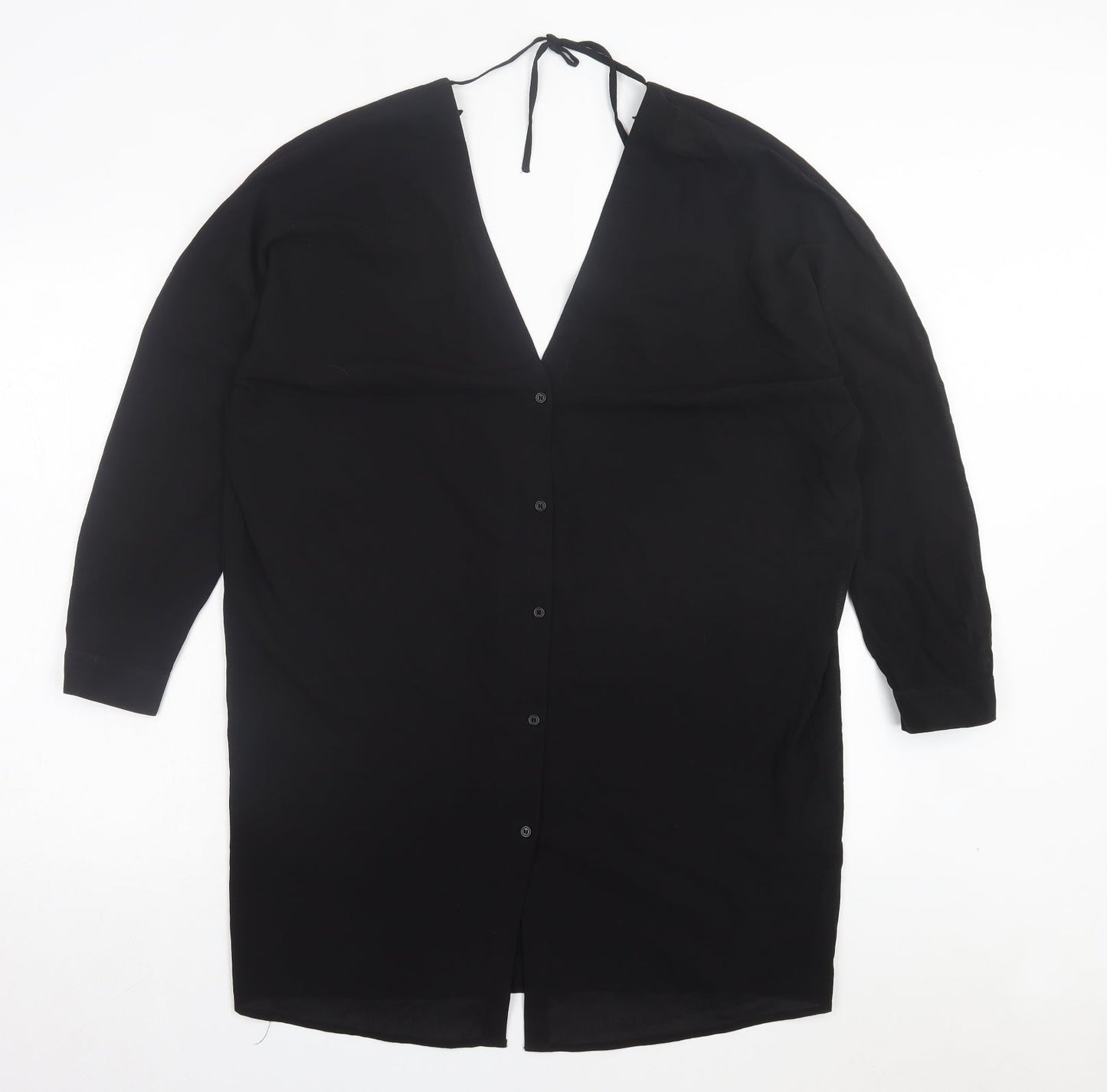 H&M Womens Black Polyester A-Line Size 8 V-Neck Button