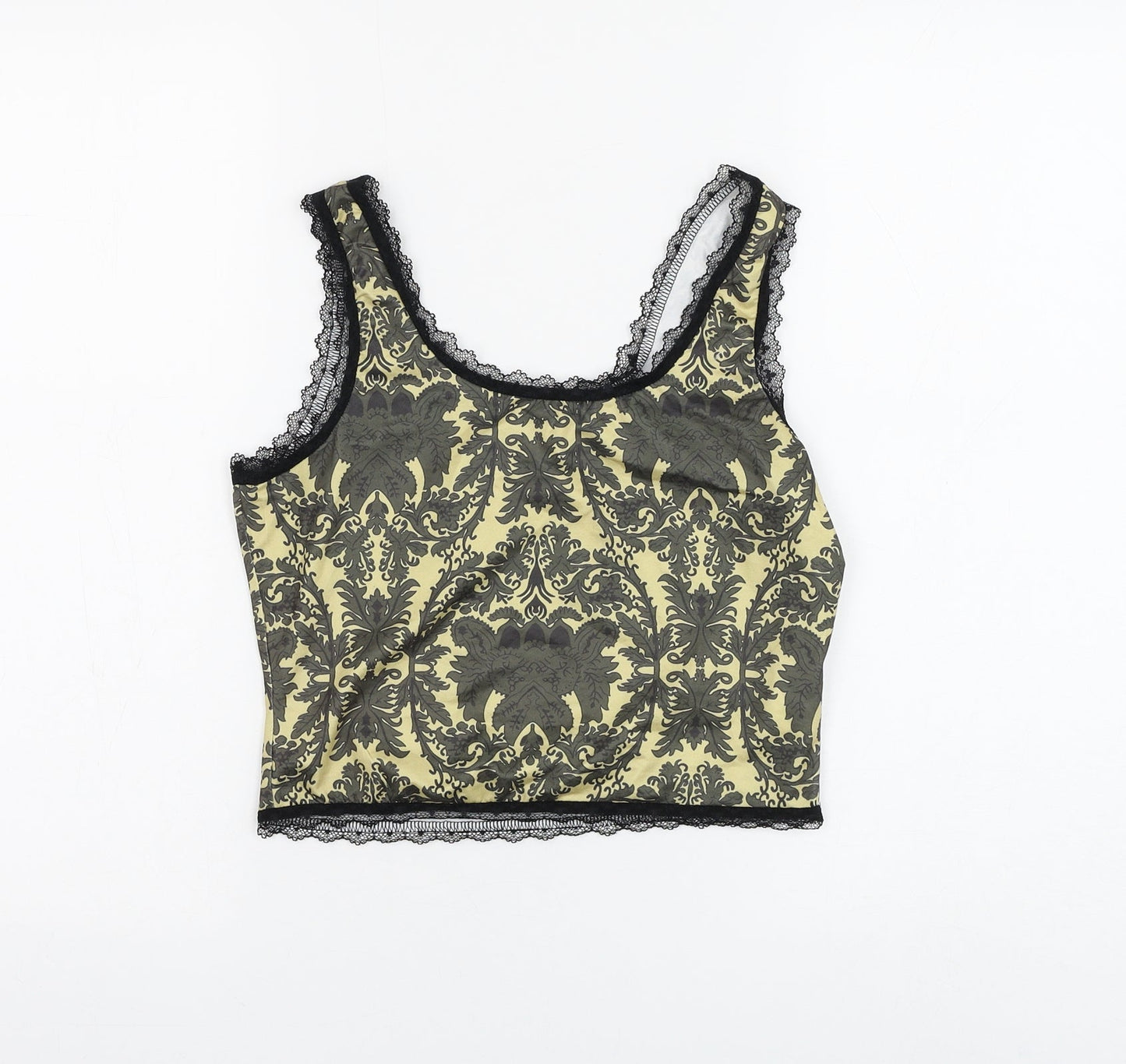 ROMWE Womens Yellow Geometric Polyester Cropped Tank Size 6 Scoop Neck - Lace Detailing