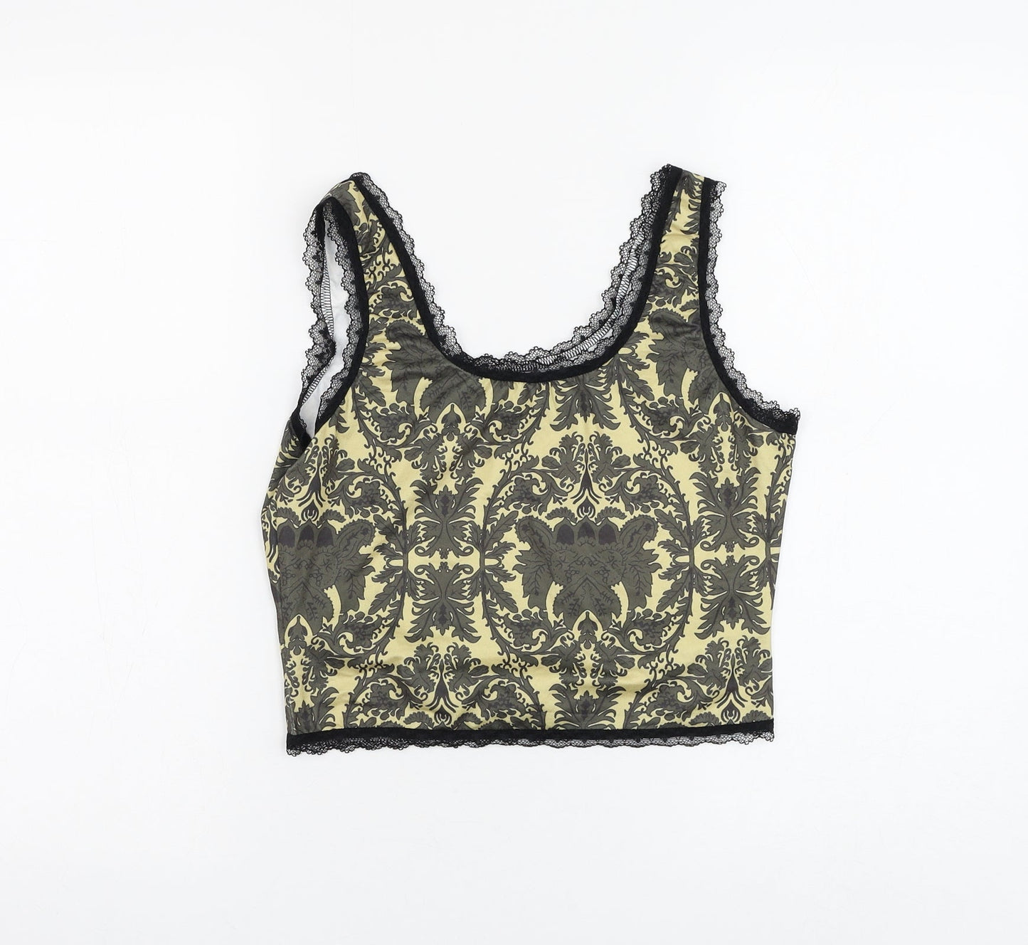 ROMWE Womens Yellow Geometric Polyester Cropped Tank Size 6 Scoop Neck - Lace Detailing