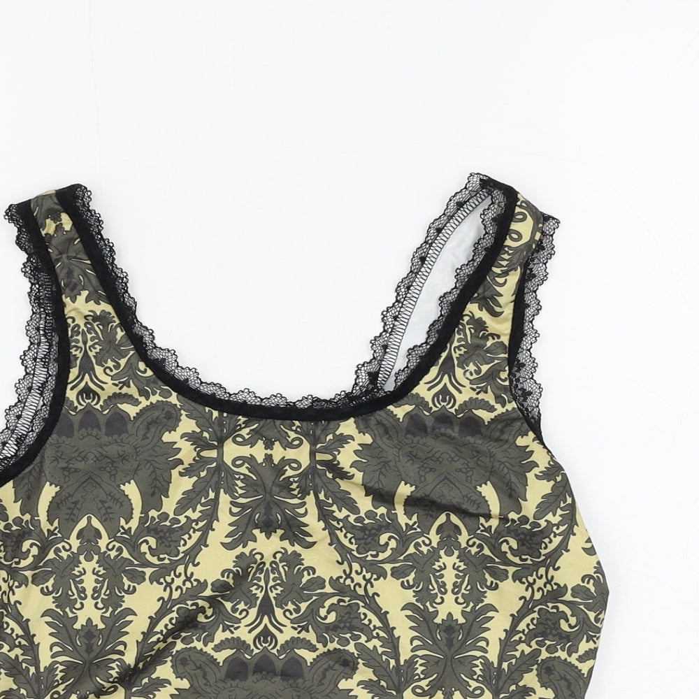 ROMWE Womens Yellow Geometric Polyester Cropped Tank Size 6 Scoop Neck - Lace Detailing