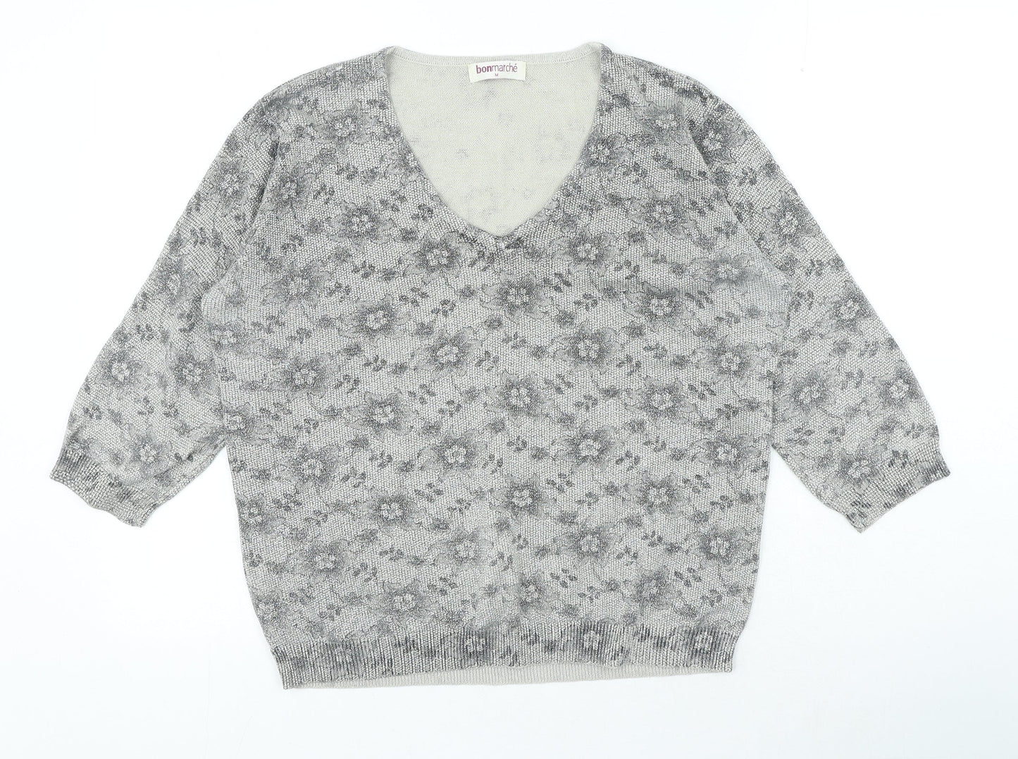 Bonmarché Womens Grey V-Neck Floral Cotton Pullover Jumper Size M
