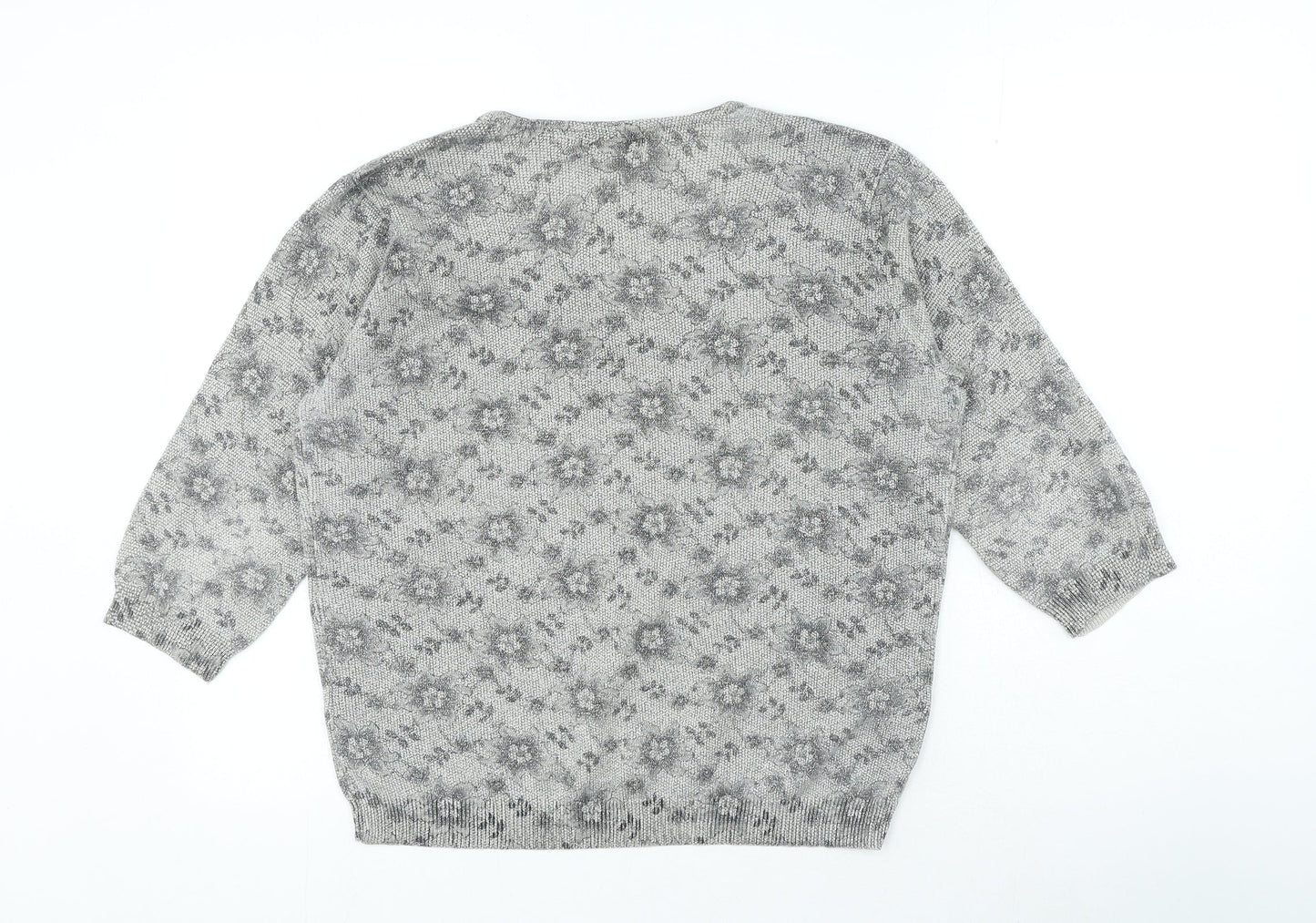 Bonmarché Womens Grey V-Neck Floral Cotton Pullover Jumper Size M