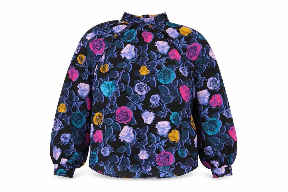 Monkl Womens Black Floral Polyester Basic Blouse Size XS Mock Neck