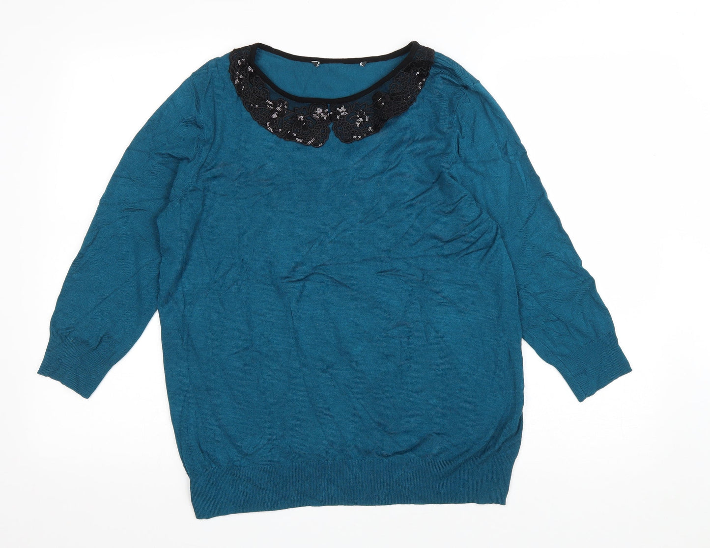 Preworn Womens Blue Round Neck Viscose Pullover Jumper Size 16 - Lace Collar