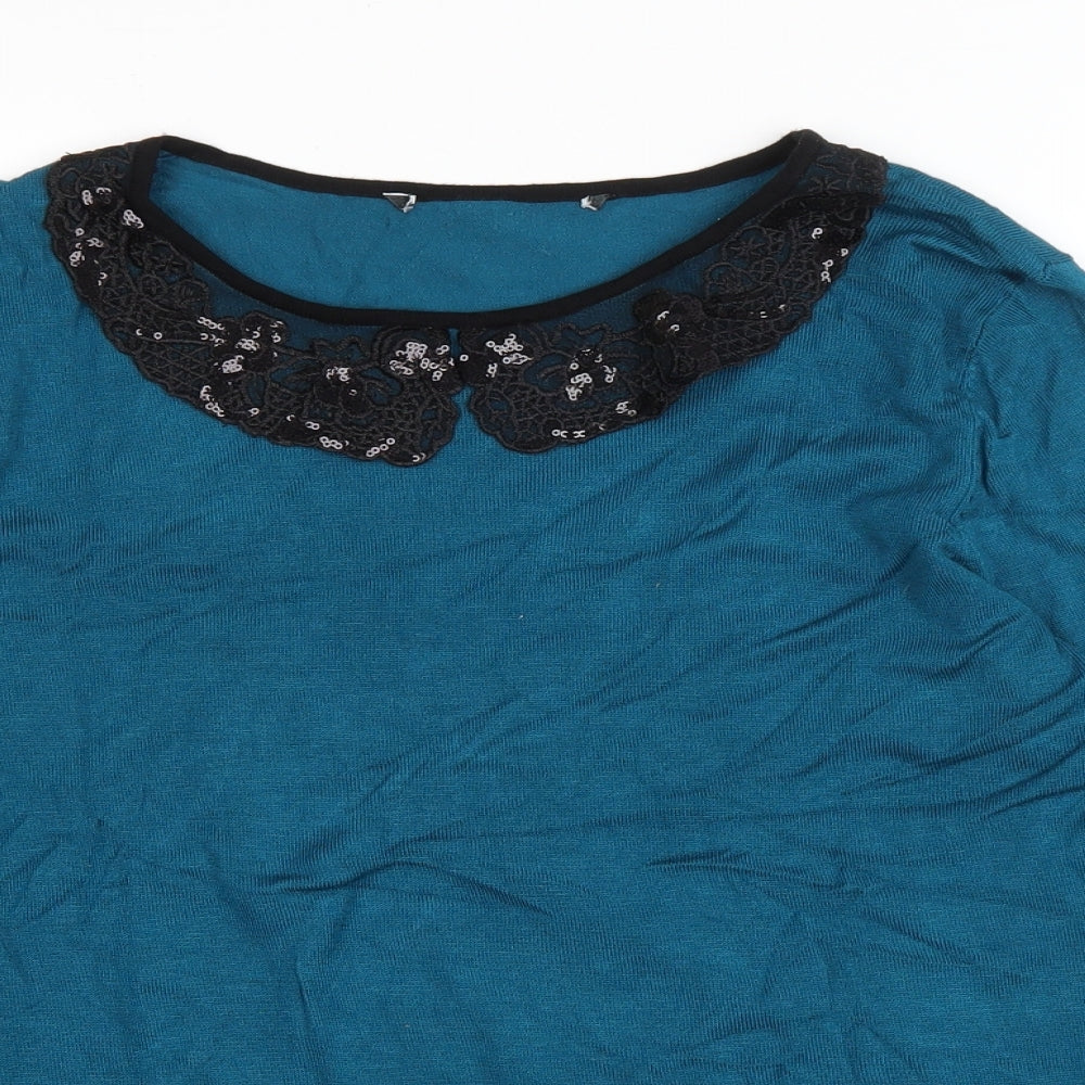 Preworn Womens Blue Round Neck Viscose Pullover Jumper Size 16 - Lace Collar