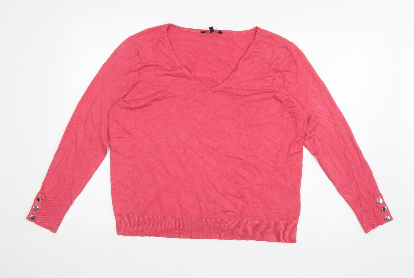 Peacocks Womens Pink V-Neck Viscose Pullover Jumper Size 16 - Buttons on sleeve