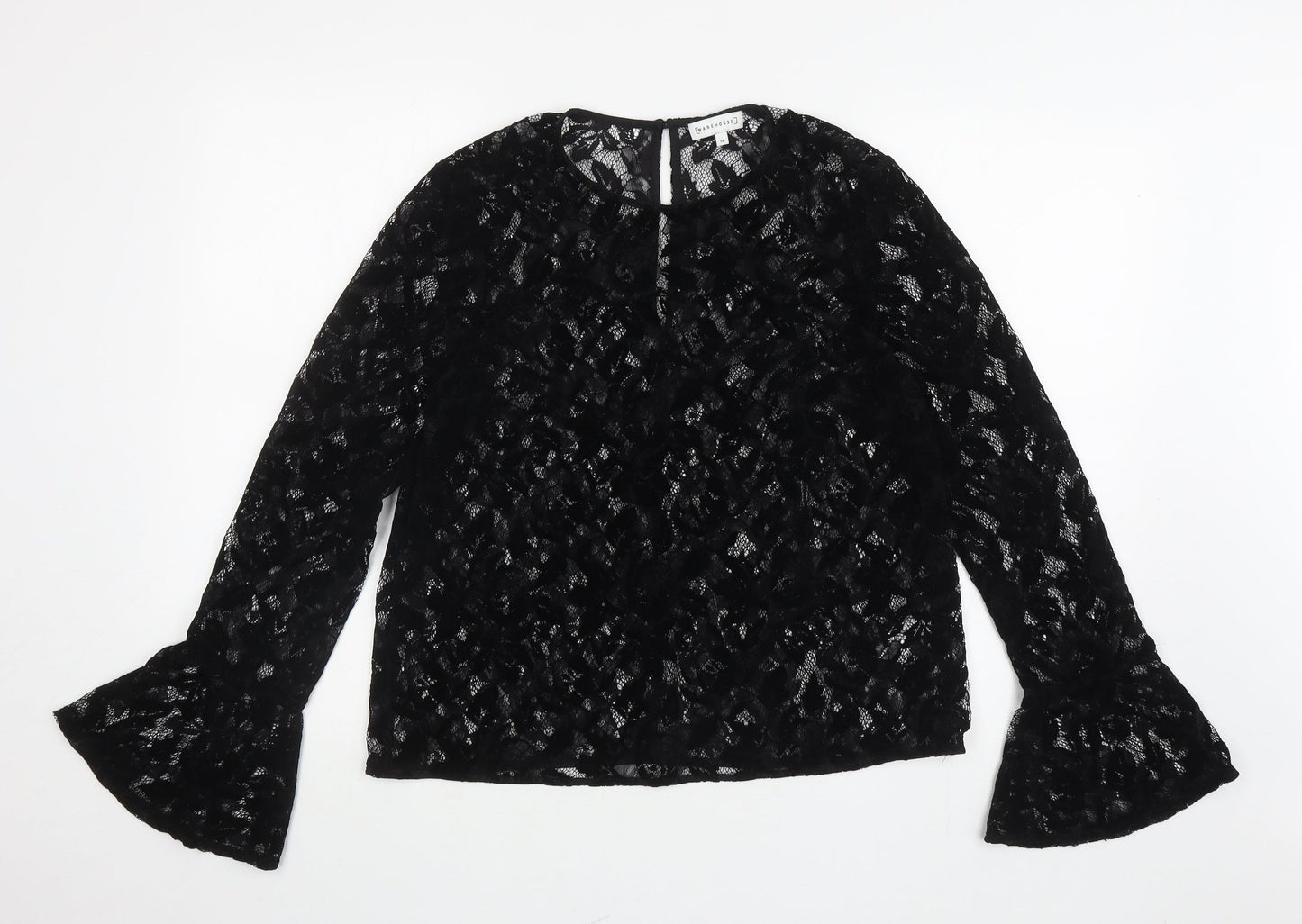 Warehouse Womens Black Floral Polyamide Jersey Blouse Size 14 Round Neck
