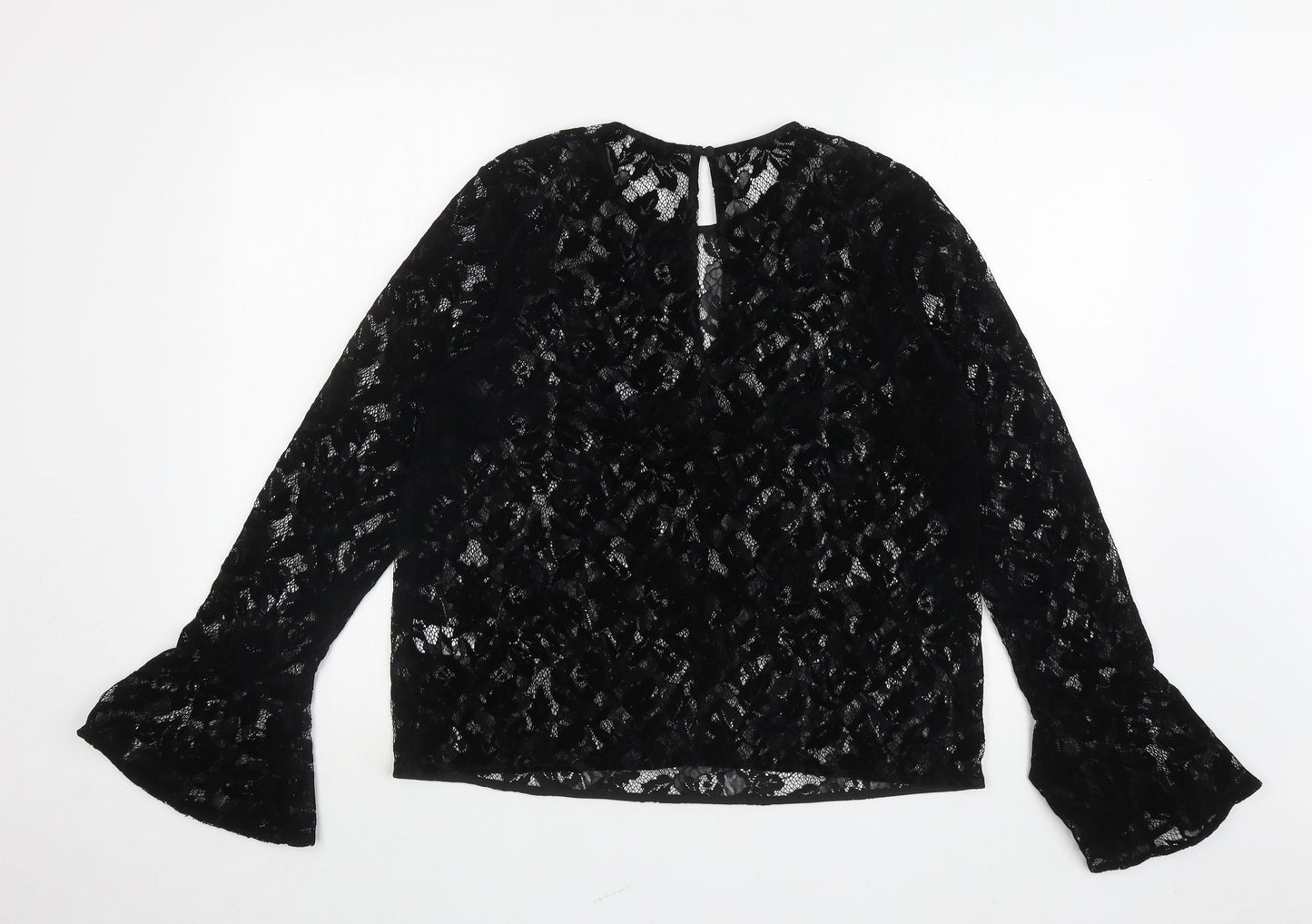 Warehouse Womens Black Floral Polyamide Jersey Blouse Size 14 Round Neck
