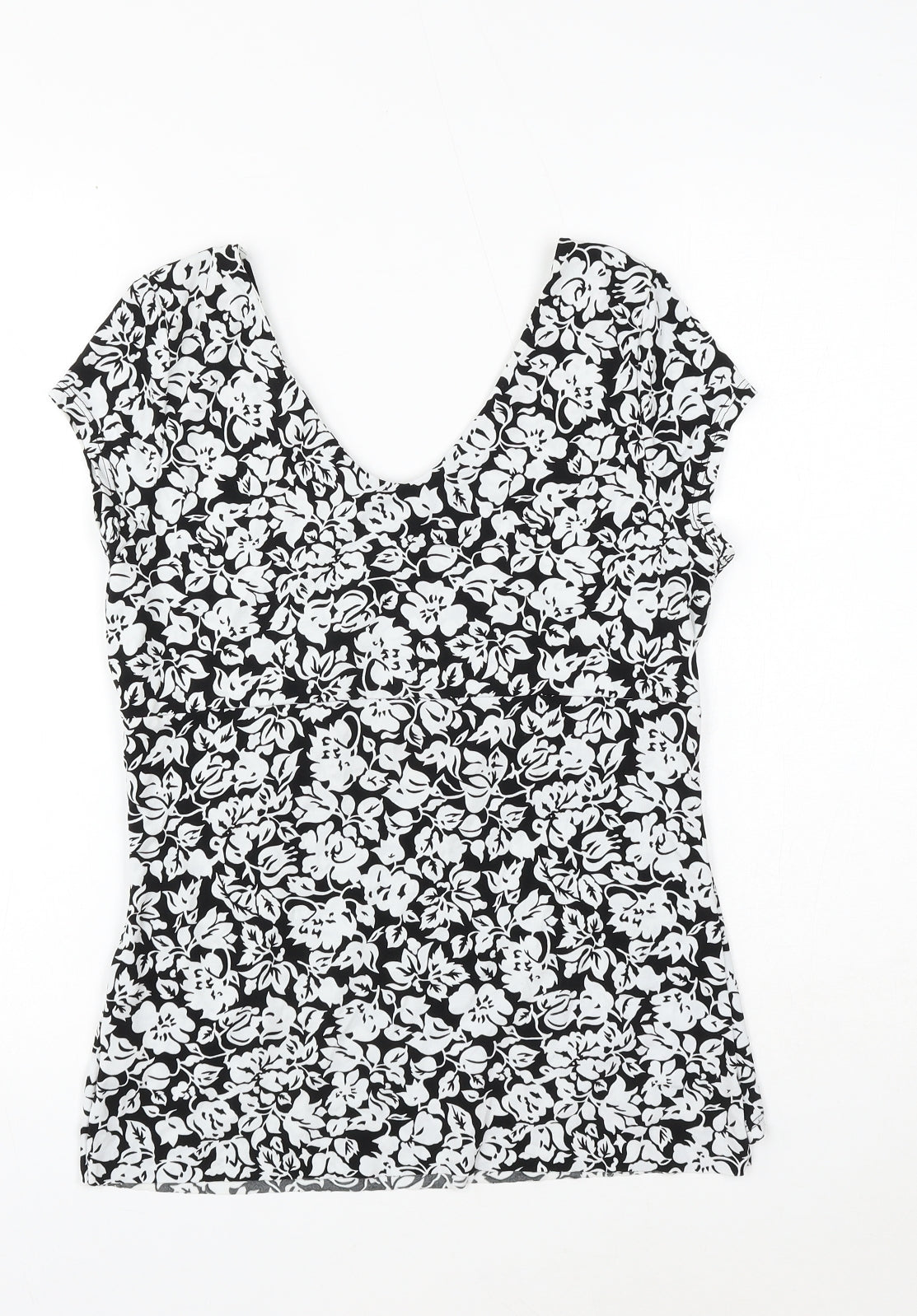 White House Womens Black Floral Polyester Basic T-Shirt Size M V-Neck