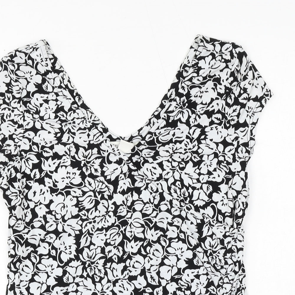White House Womens Black Floral Polyester Basic T-Shirt Size M V-Neck