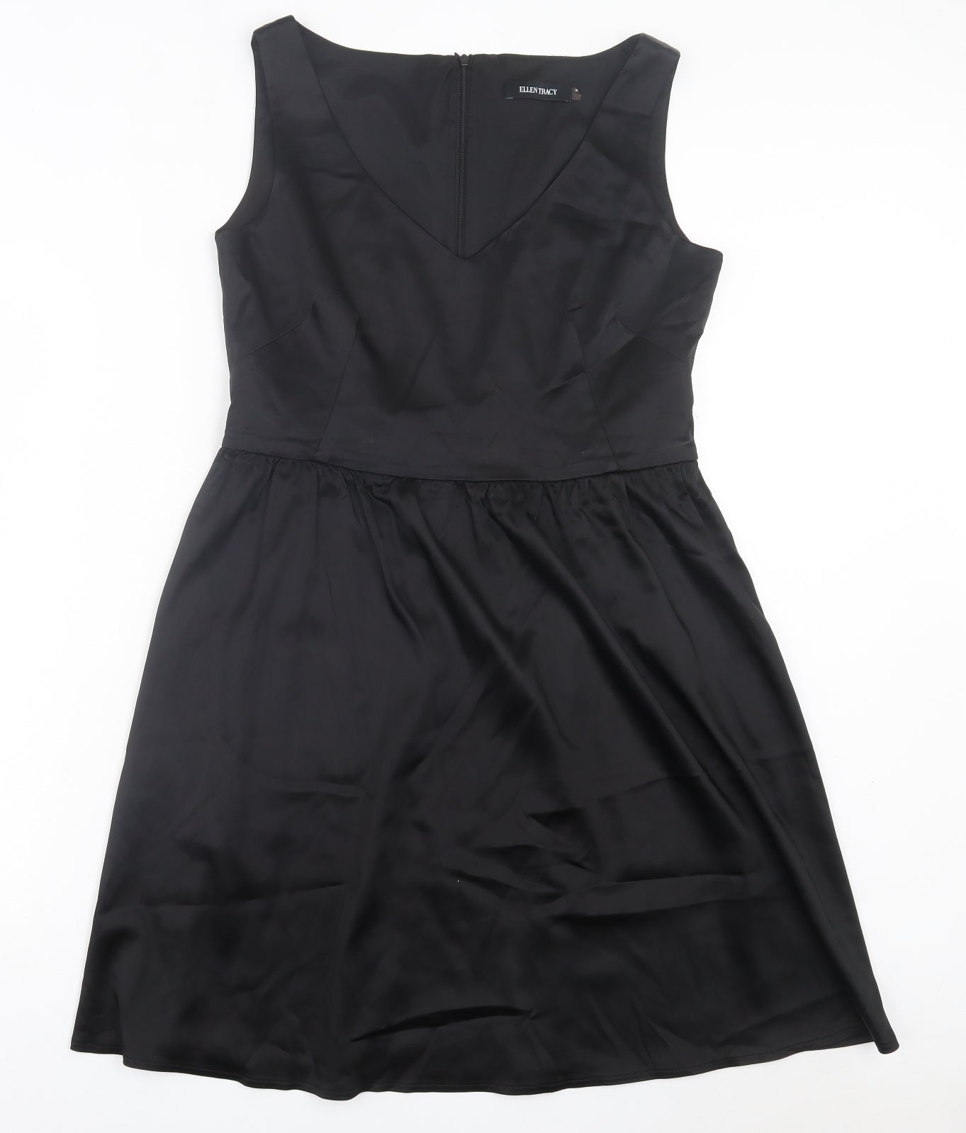 Ellen Tracy Womens Black Acetate A-Line Size L V-Neck Zip